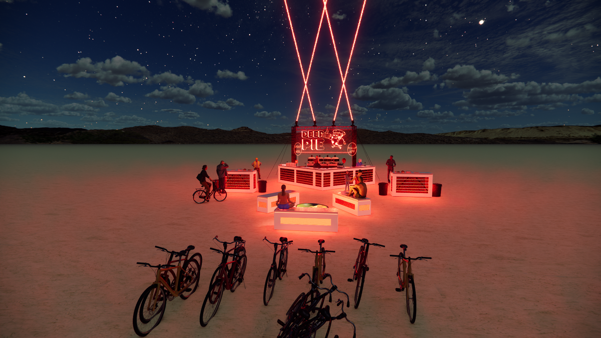 Nighttime scene featuring a floating barbecue setup on water with neon lights and people relaxing nearby, some sitting and others riding bikes, with a starry sky and clouds in the background.