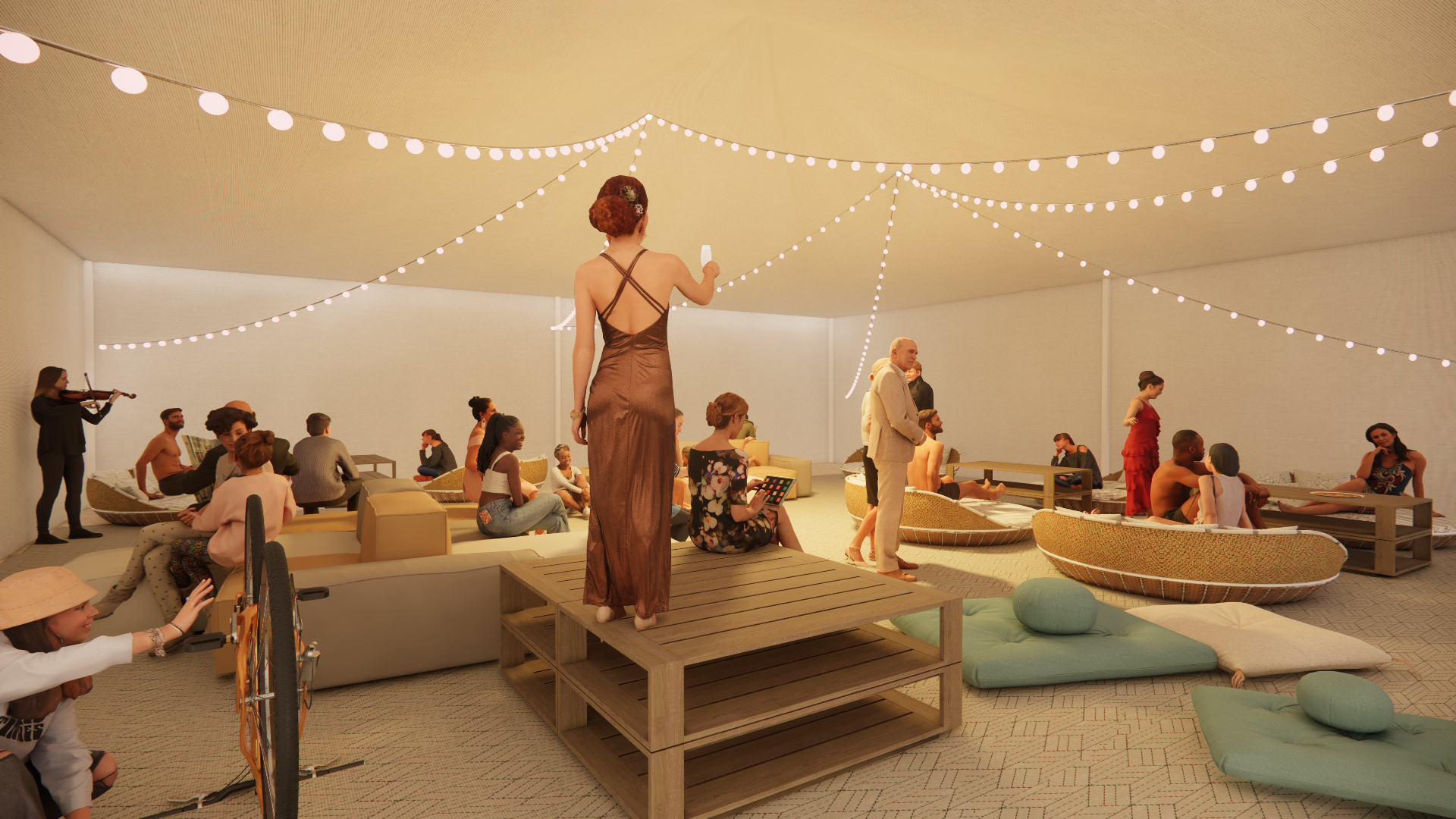 People gathered in a spacious indoor party area decorated with hanging string lights; some are sitting on cushions and sofas, while others stand or speak, and one woman is playing a violin.