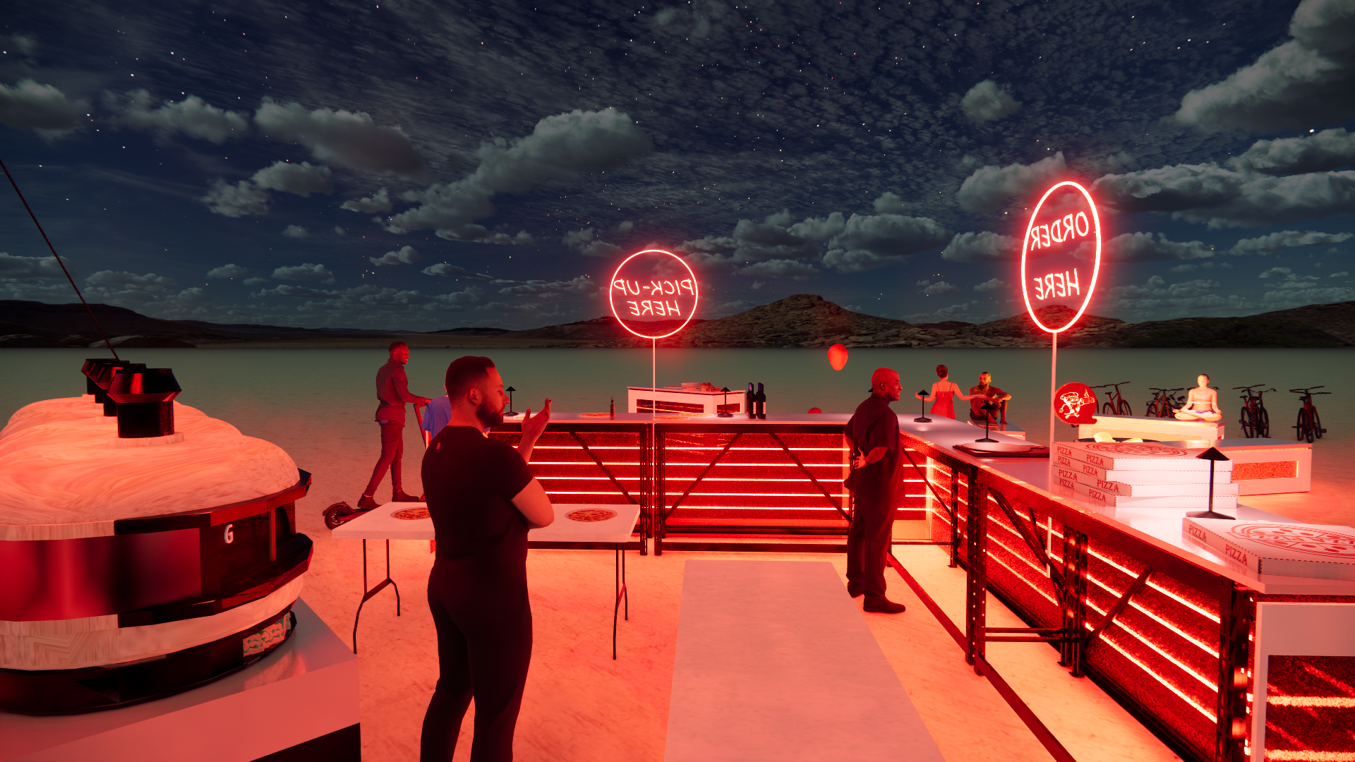 Night scene at a lakeside outdoor bar with neon signage that reads 'Order Here' in red. There are people standing, chatting, and a bartender serving drinks. Bicycles are parked by the side, and pizza boxes are on the counter. The sky is cloudy with v