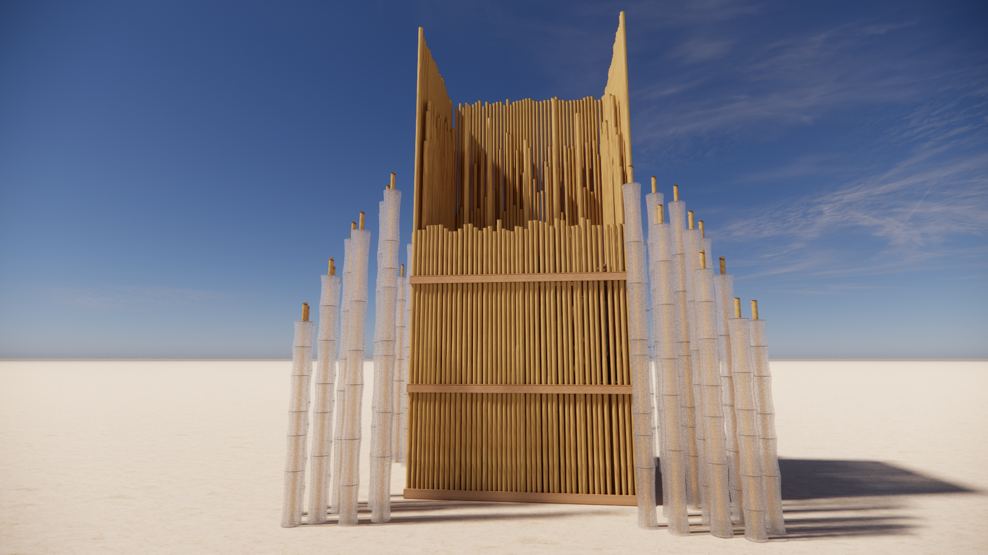 Architectural rendering of a modern wooden structure with tall vertical slats and surrounding white columns, set against a clear blue sky.