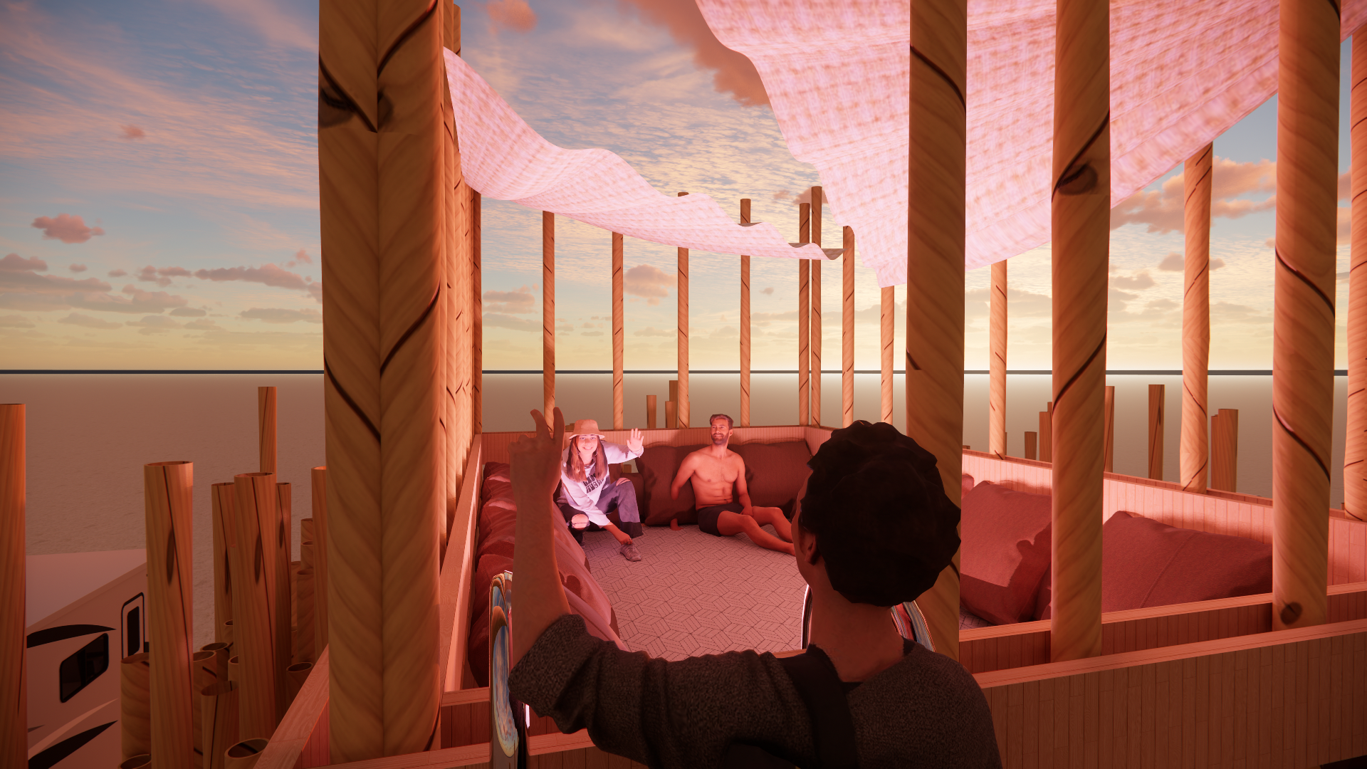 People sitting inside a wooden structure with pink fabric roof, overlooking a sunset over water, one person taking a selfie, others posing.