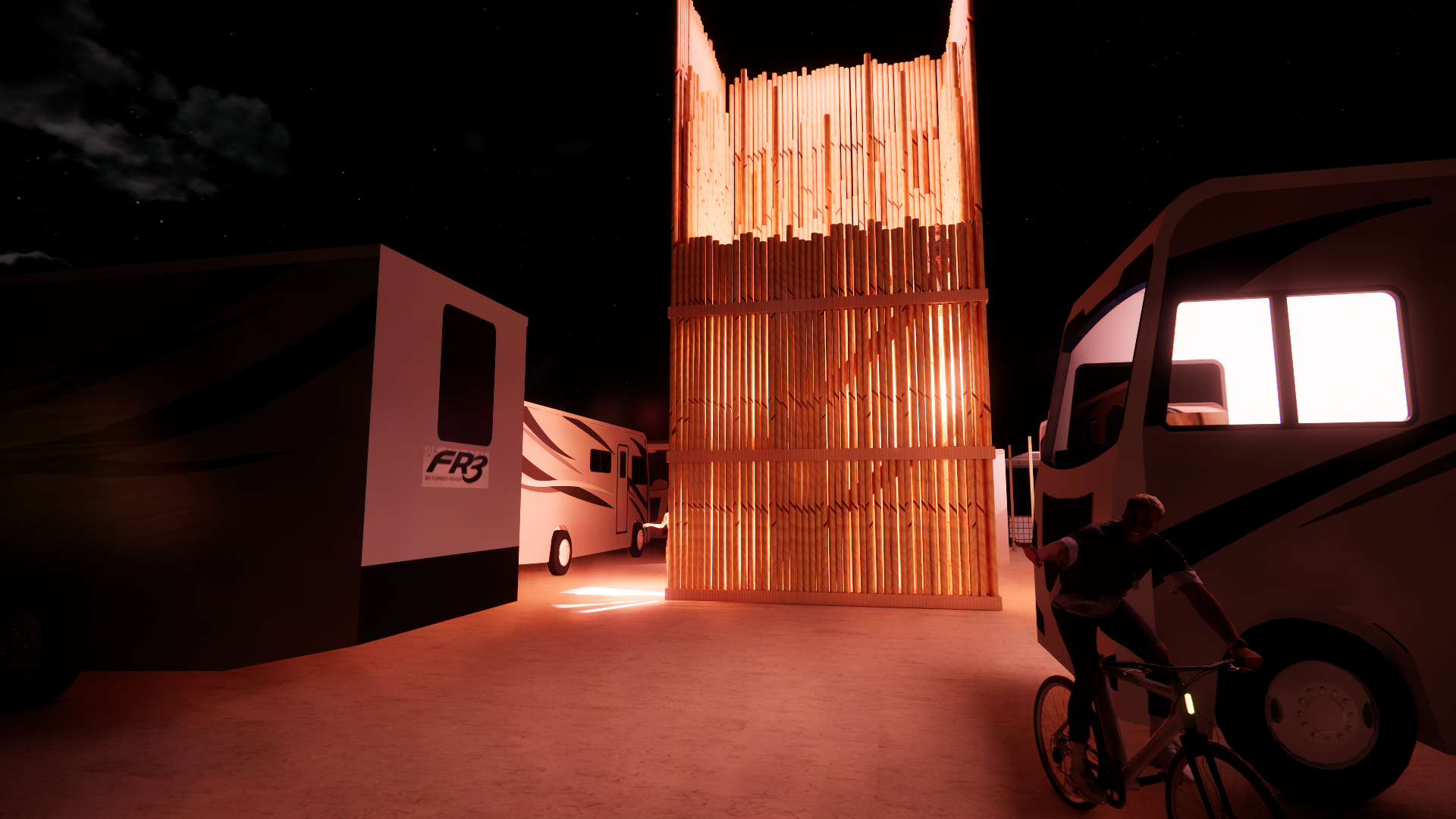 Night scene with outdoor wooden structure illuminated by orange lights, surrounded by campers and a person riding a bicycle in the foreground.