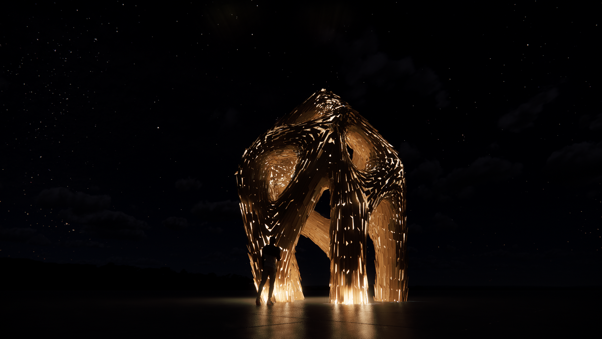 A person standing near a large abstract wooden sculpture at night, illuminated from below, against a starry sky.