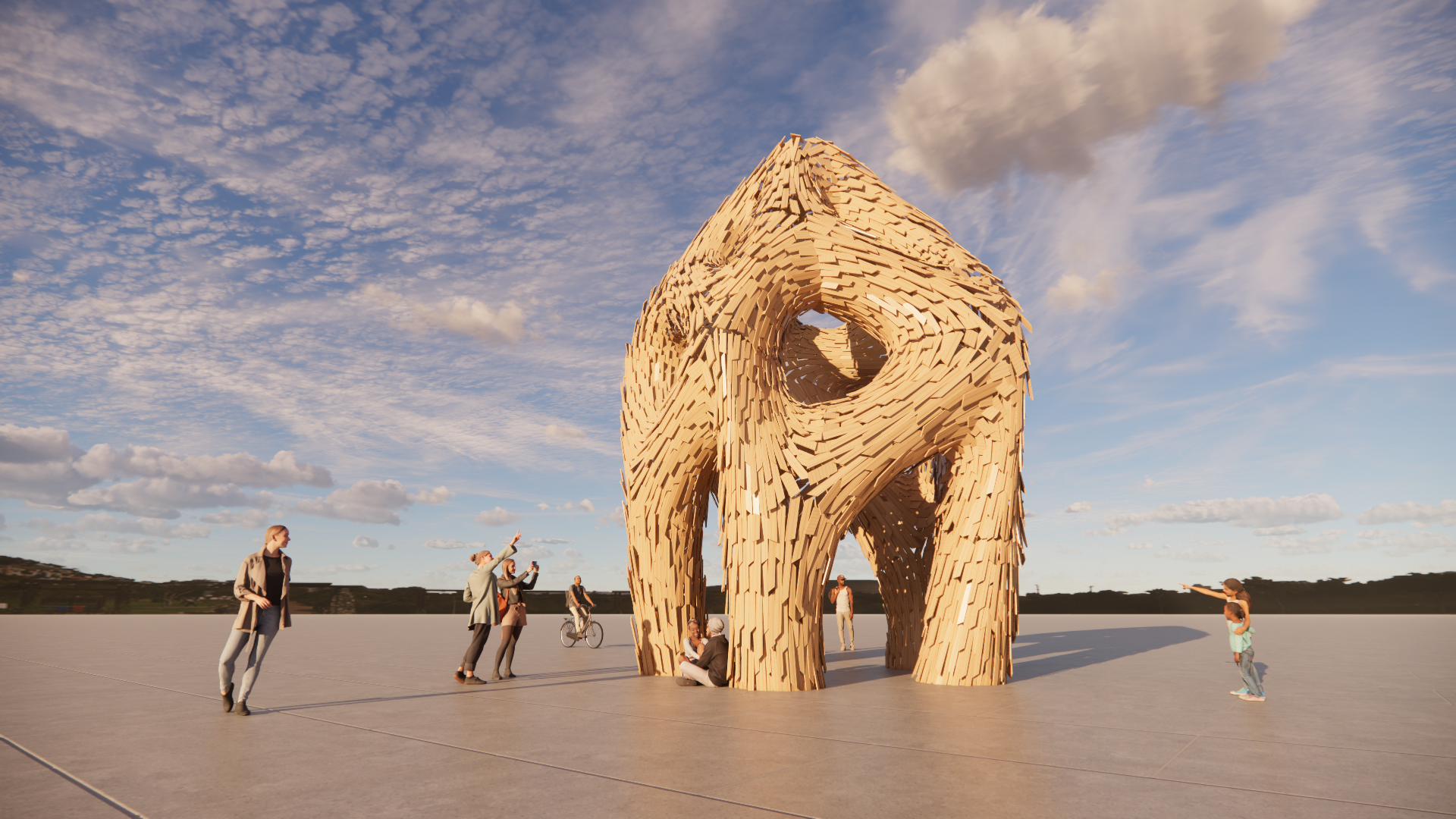 A large wooden art installation shaped like a horse stands in an open outdoor space under a sky with scattered clouds, with people walking and taking photos around it.