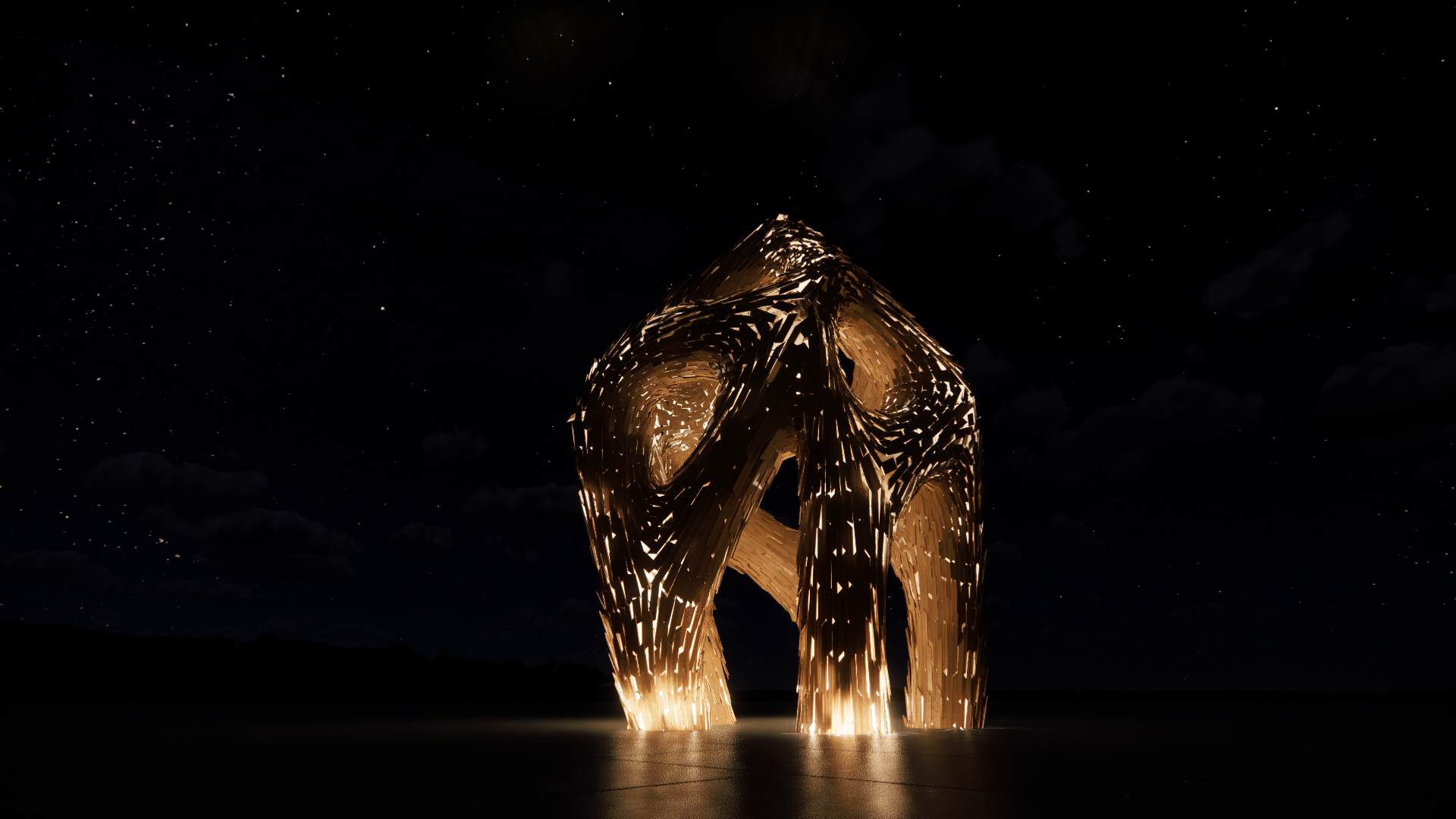 A large, illuminated wooden sculpture resembling an abstract animal, standing outdoors at night against a starry sky.
