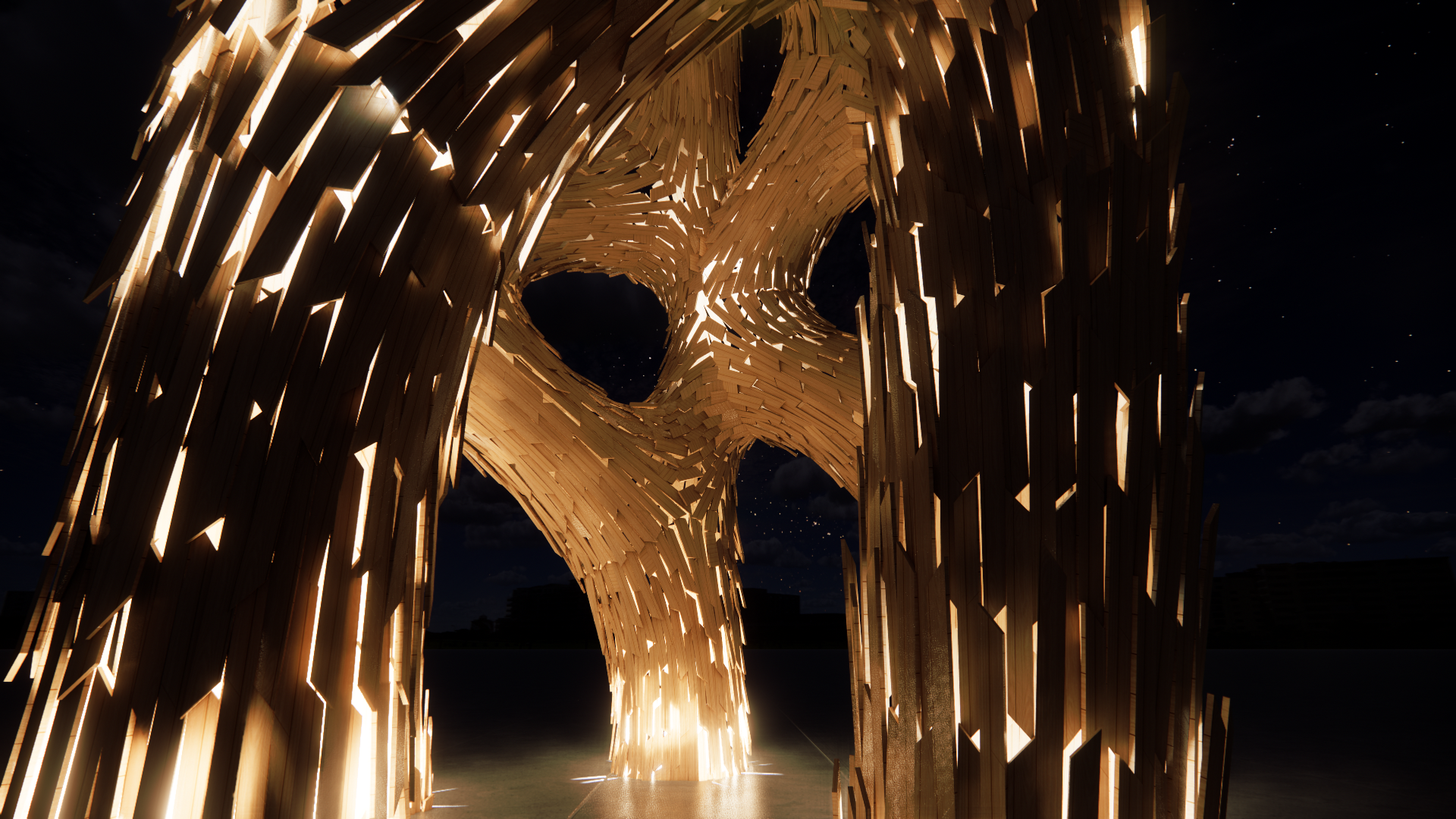 A large wooden sculpture with intricate, flowing design lit from within, set against a night sky with stars.