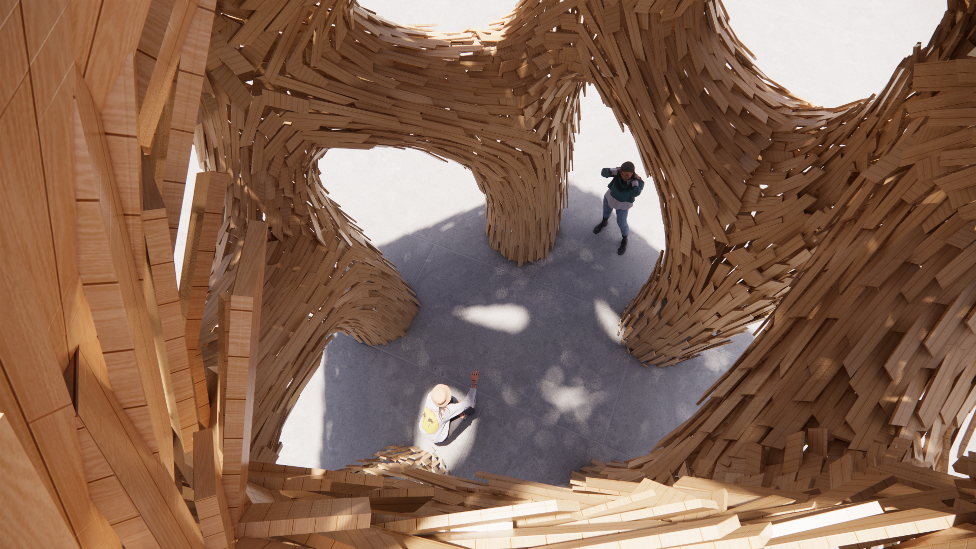 An art installation of large, curved wooden structures with a person standing beneath, viewed from above.