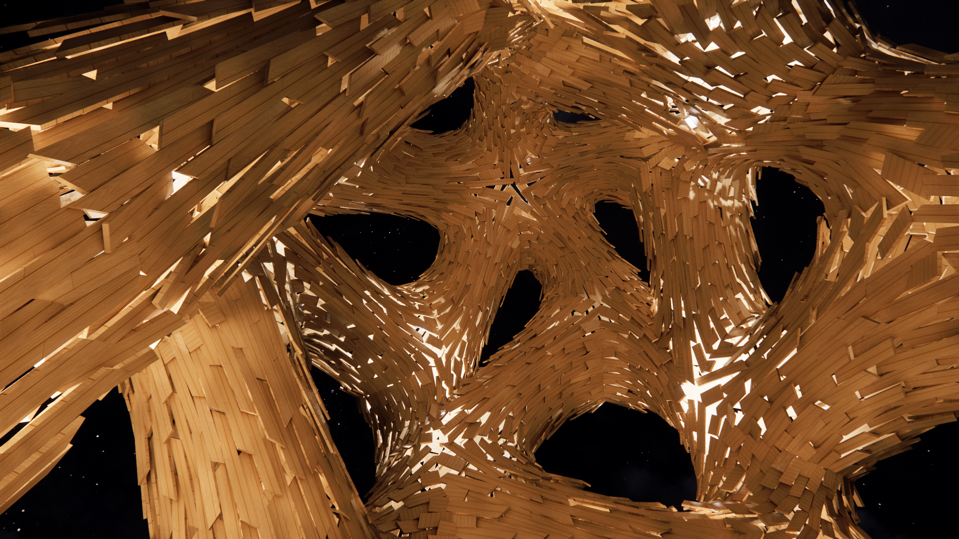A large, intricate wooden sculpture resembling a swirling, abstract form, with starry night sky visible through gaps in the structure.