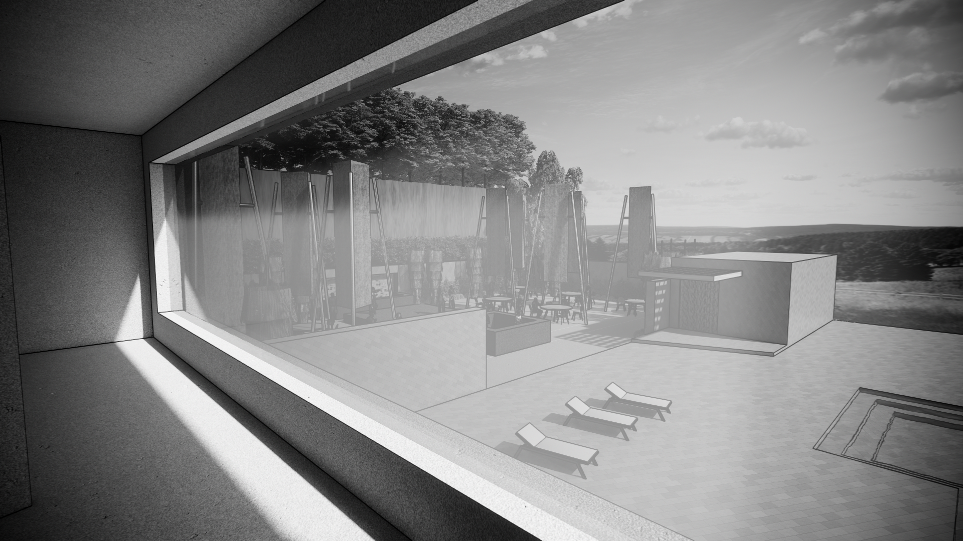 Architectural drawing of an outdoor terrace viewed from a window, showing lounge chairs and a landscape background.