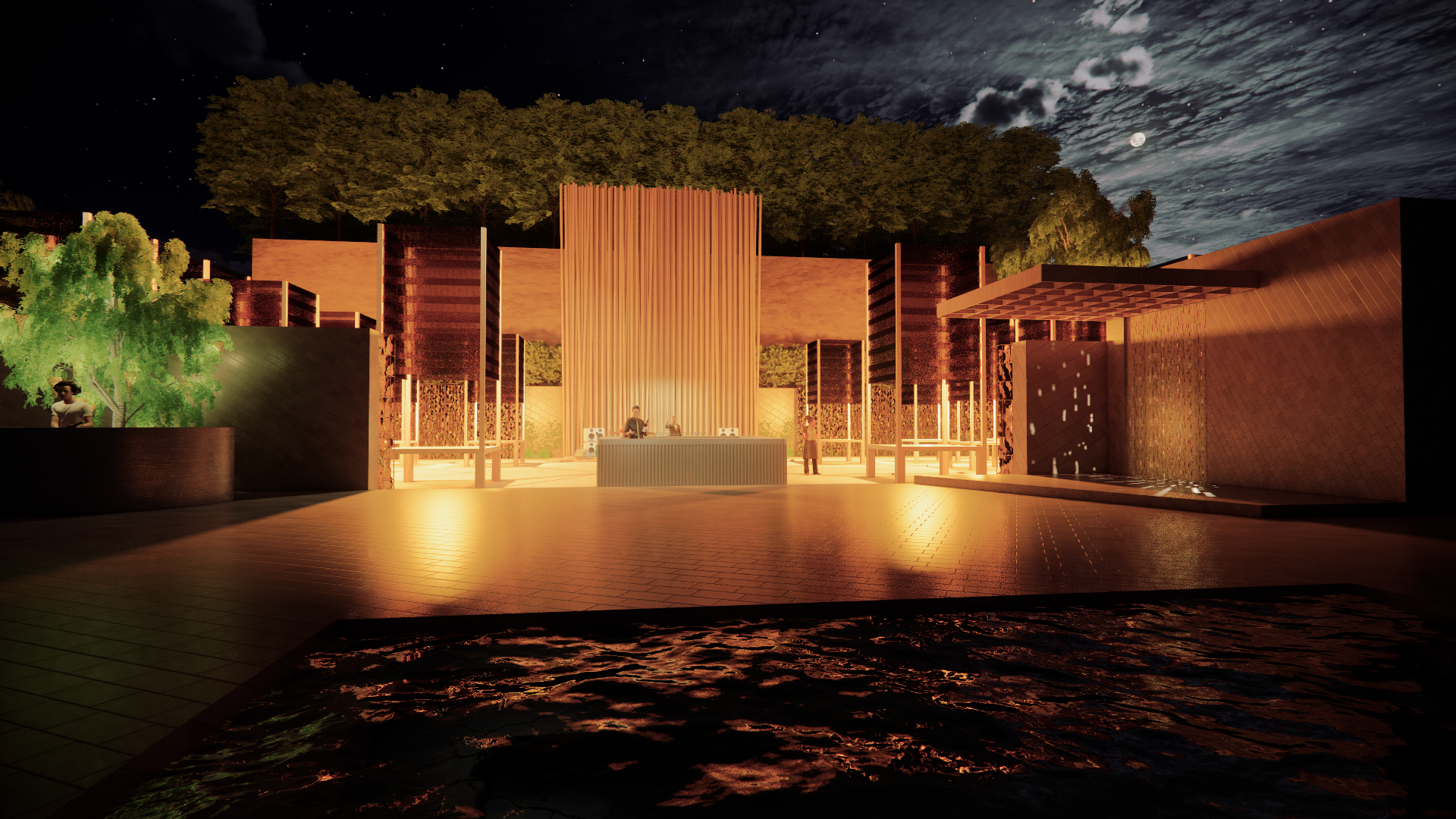 Nighttime outdoor scene with modern architectural structure, illuminated by warm lighting, surrounded by trees and a pond, with a cloudy sky, moon, and stars in the background.