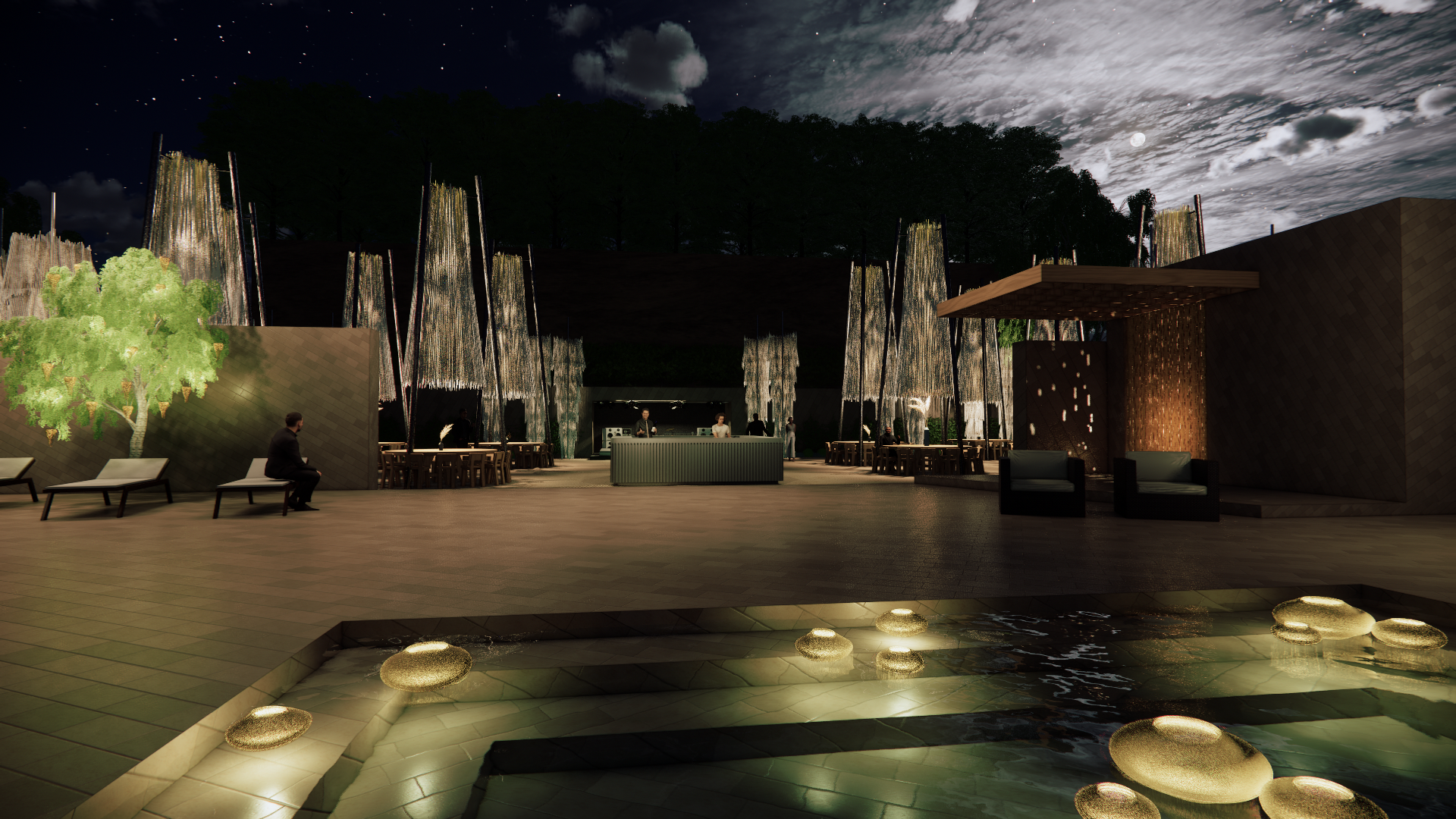 Nighttime outdoor venue with seating, a bar, and decorative hanging lights, under a cloudy sky with the moon and stars.