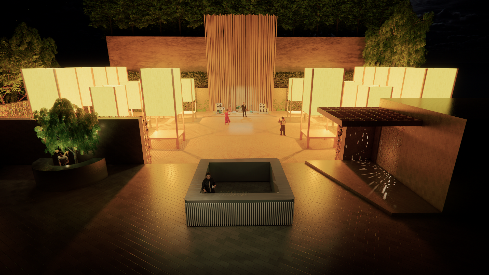 An outdoor architectural rendering at night showing a stage area with large yellow panels, trees, and a tall wooden backdrop. There are people on the stage and a person in a small pool in the foreground.