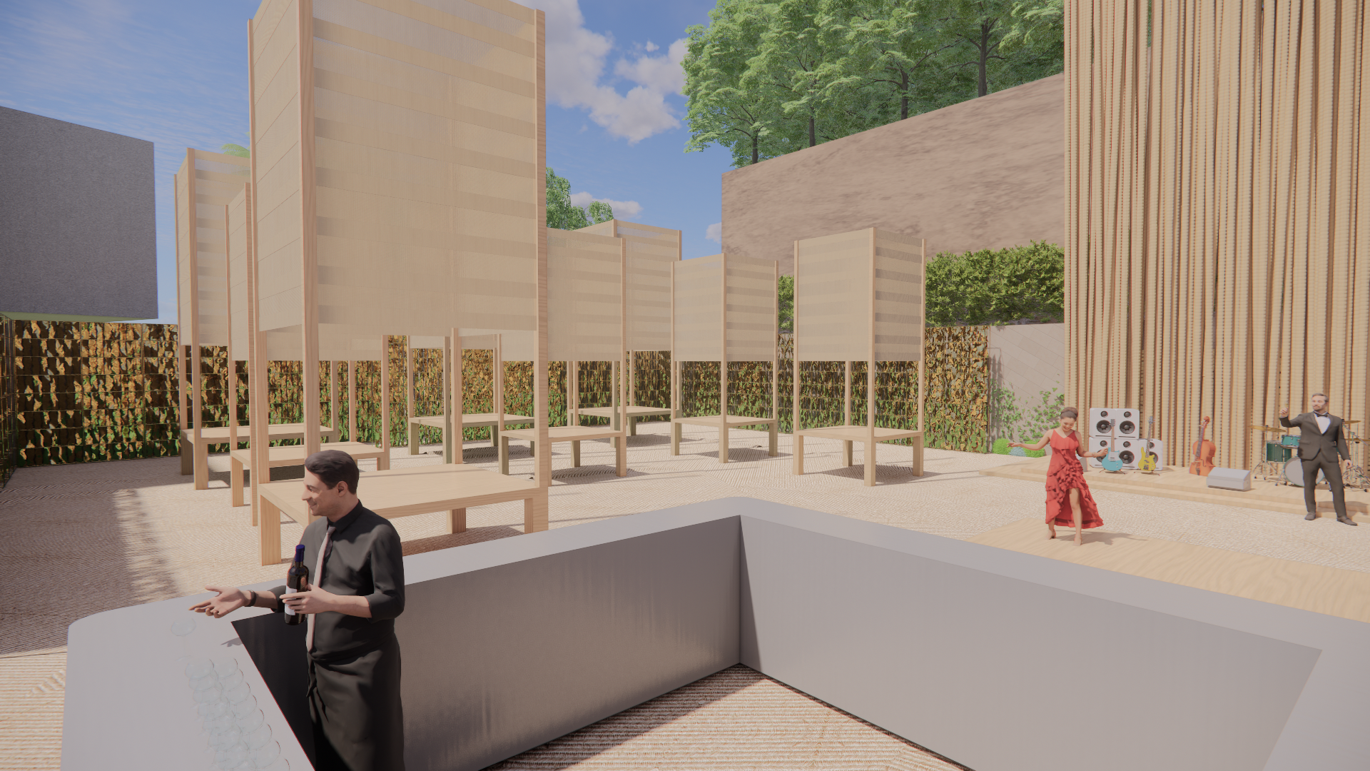 An outdoor event space with a stage, musical instruments, and people dancing, under a clear blue sky.
