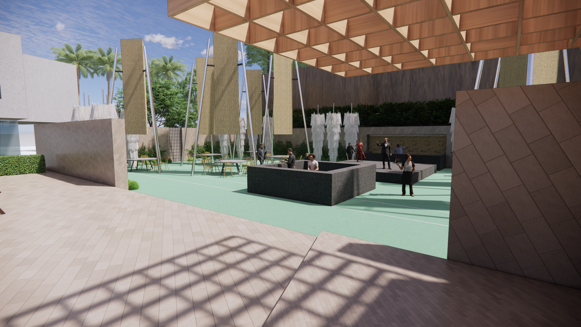 Architectural rendering of an outdoor event space with tables and chairs, large beige vertical fabric panels on tall poles, trees and greenery in the background, and a covered area with a wooden ceiling