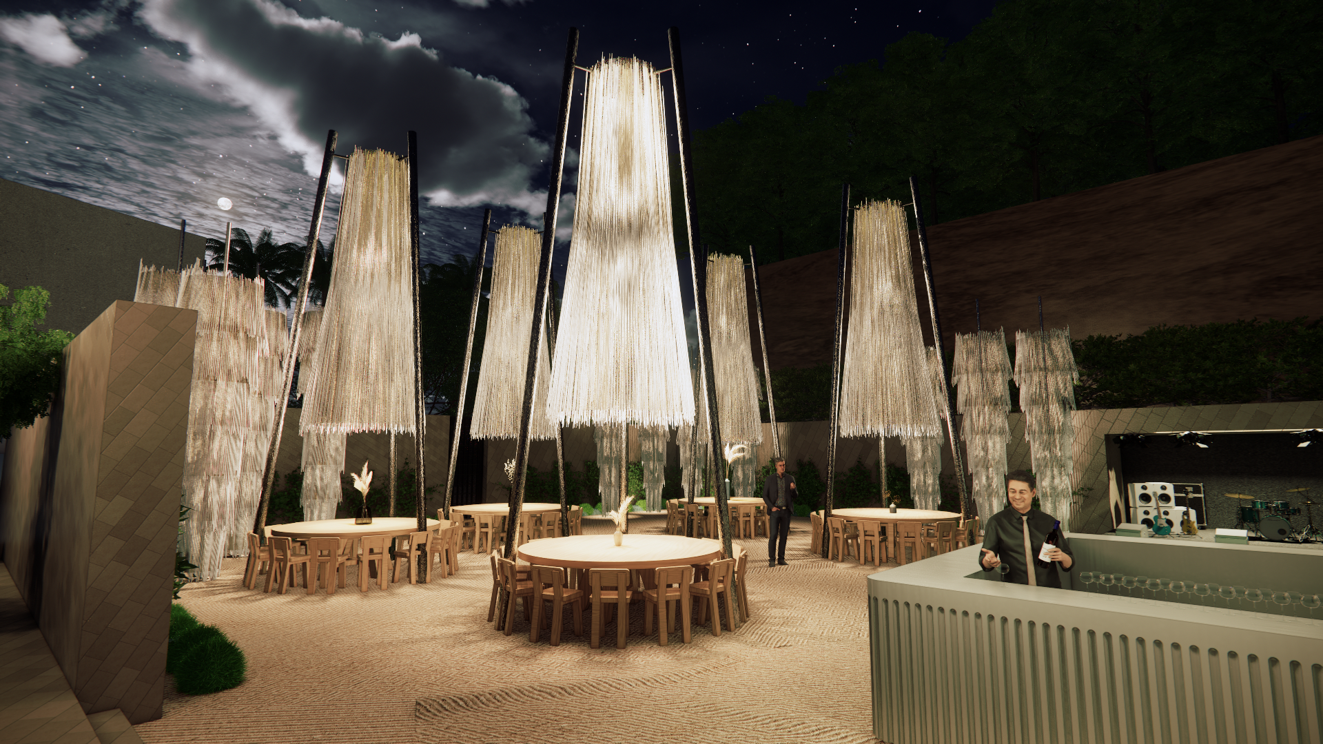 Nighttime outdoor event space with round tables, wooden chairs, and tall light fixtures resembling waterfalls, under a cloudy sky with moon and stars. A man in a suit stands near the tables, and a bartender holding a wine bottle stands behind a bar o