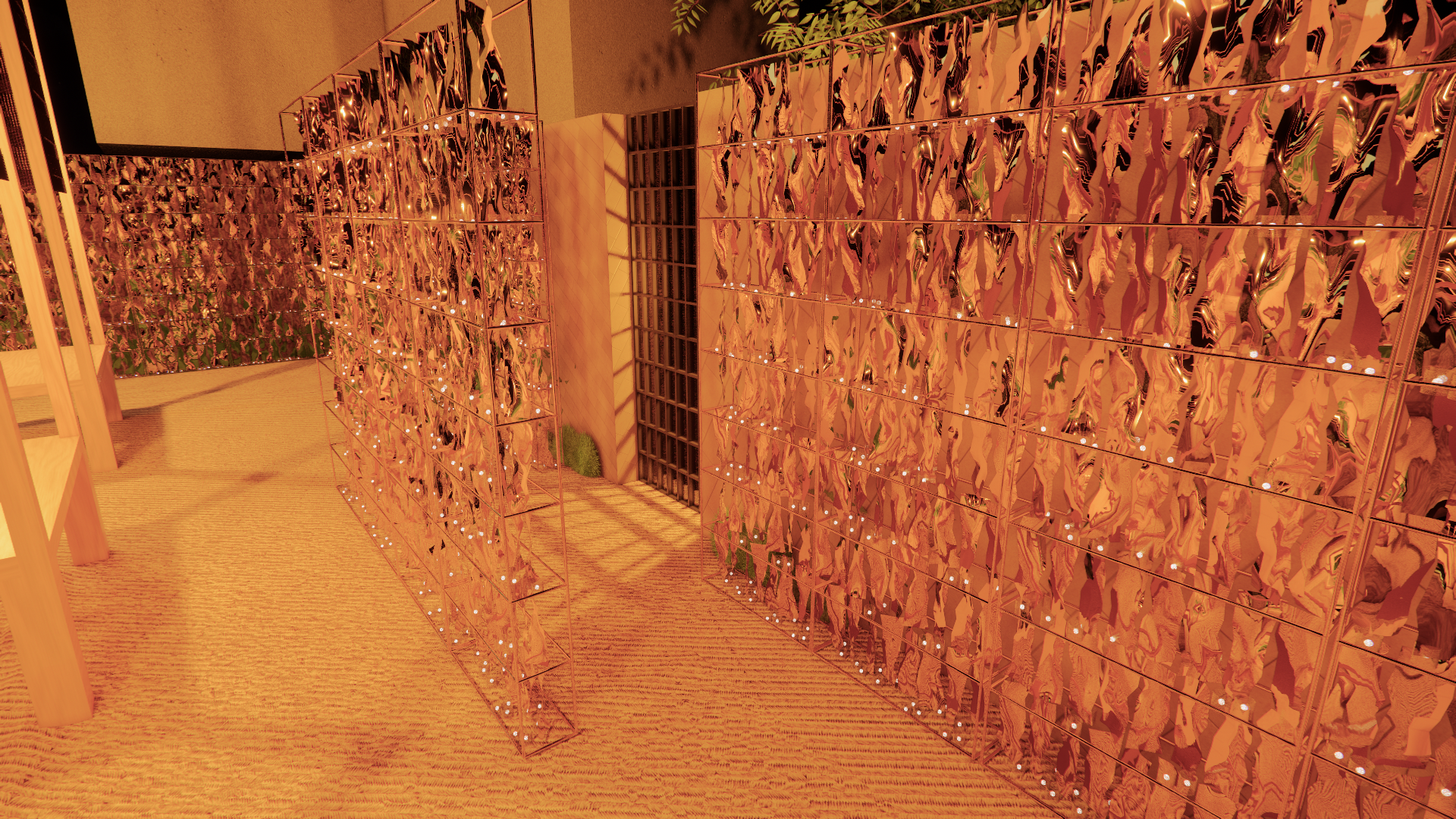 Decorative interior with mirrored panels reflecting abstract patterns, illuminated string lights, a wooden structure, and a small patch of grass on a beige carpet.