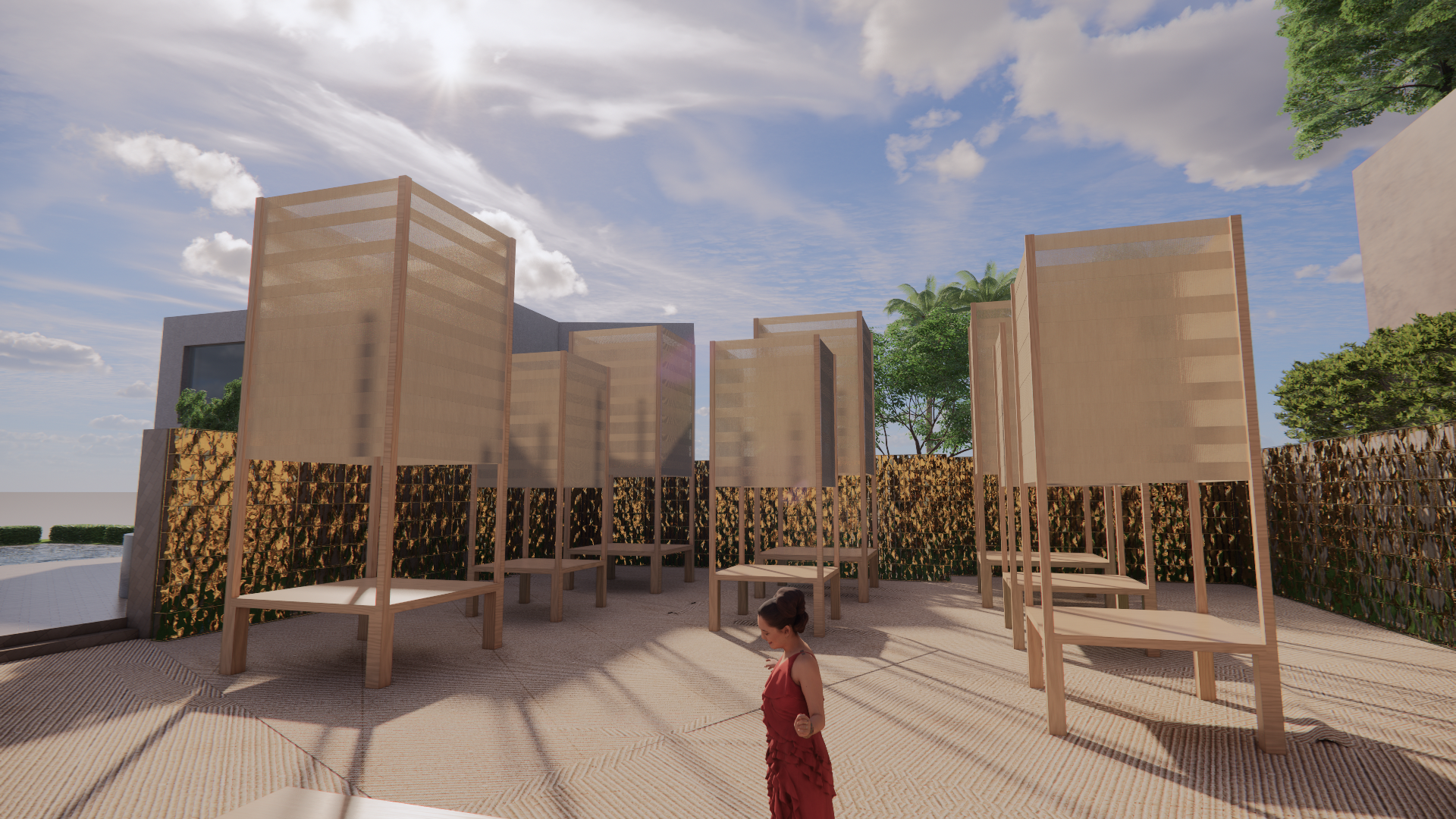 Architectural rendering of an outdoor patio area with wooden chairs and decorative wall panels, under a blue sky with clouds, and a woman in a red dress walking.