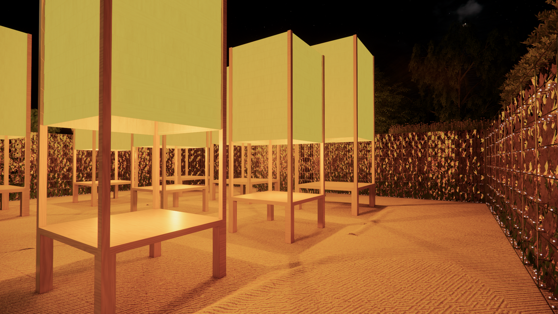 Nighttime outdoor scene with wooden structures and yellow fabric panels illuminated from below, surrounded by decorative fencing with leafy greenery and string lights.