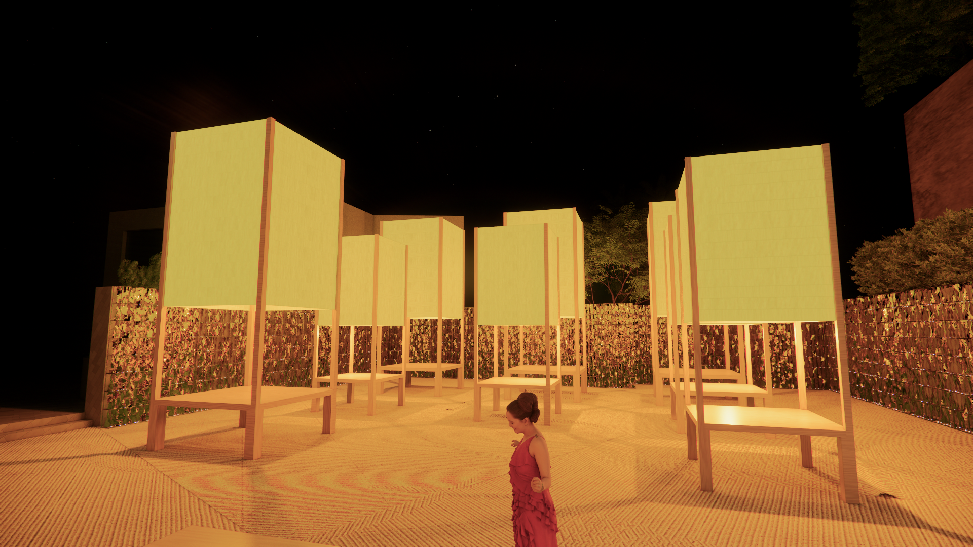 Night scene of an outdoor installation with wooden structures and backlit panels, a child wearing a red dress standing and looking down, with trees and a starry sky in the background.