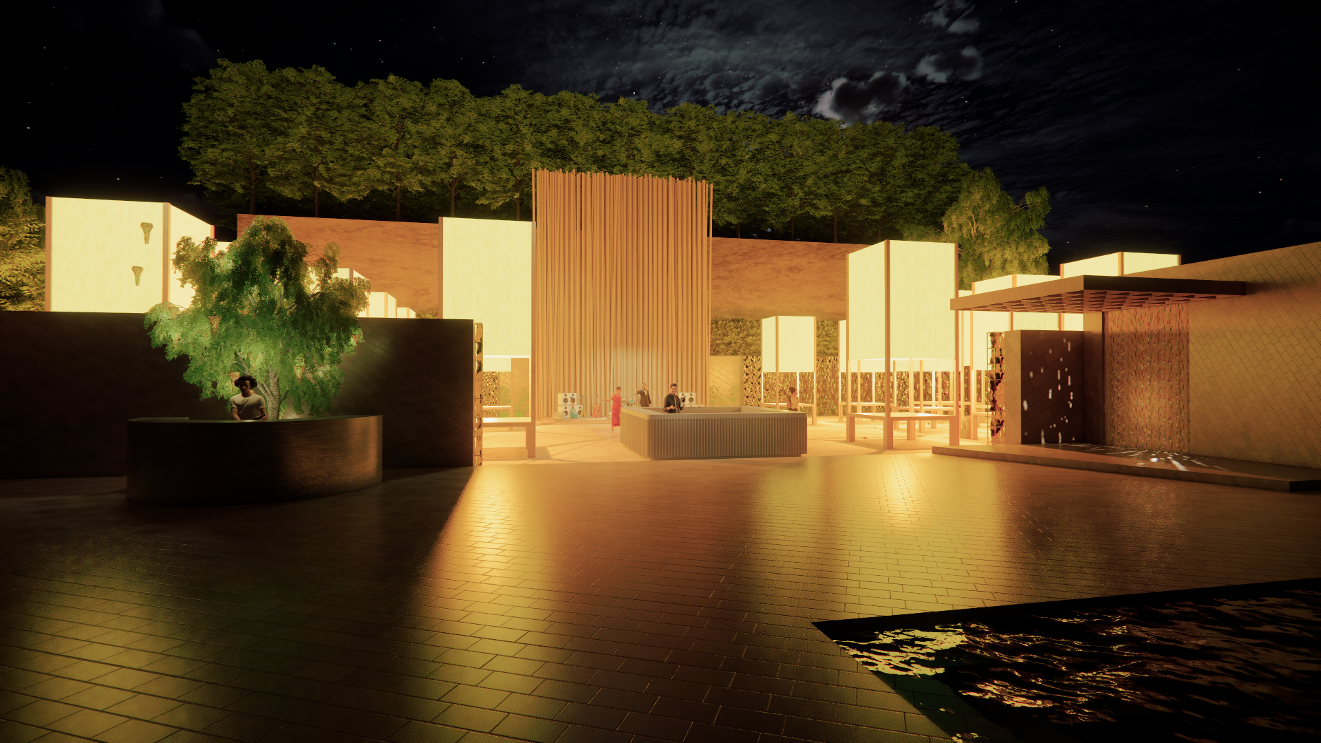 Nighttime outdoor space with modern architectural design, illuminated open area with trees, people, and a starry sky.