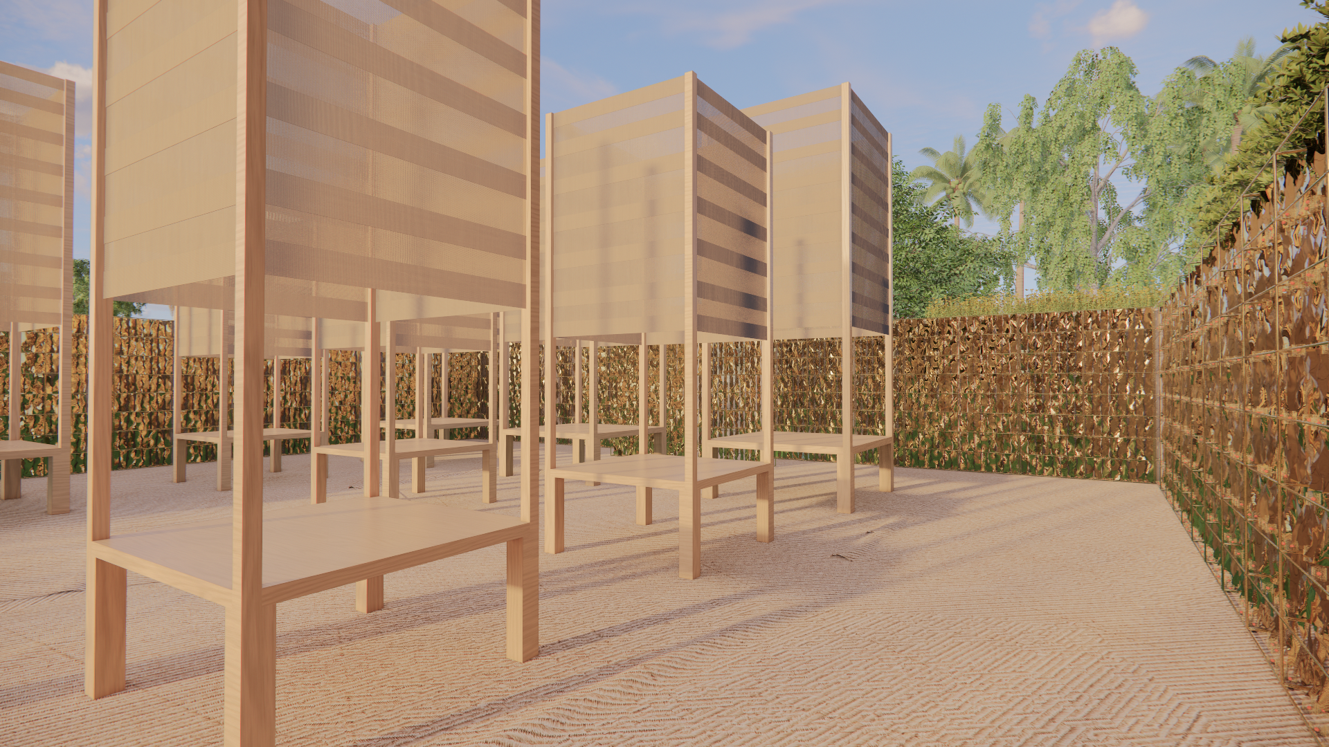 Outdoor area with wooden privacy screens, surrounded by dry grass and trees, under a partly cloudy sky.