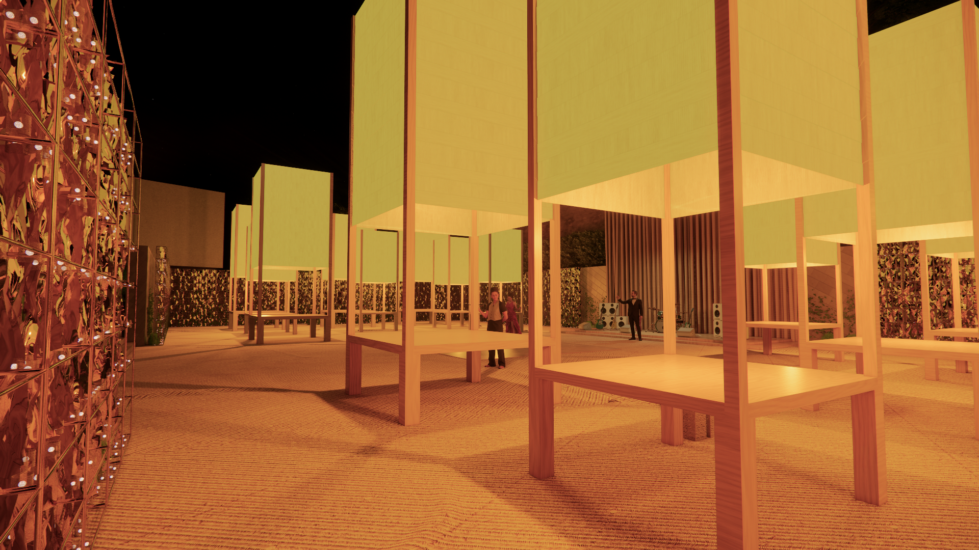 Night scene of an outdoor art installation with multiple green illuminated structures and people walking and talking.