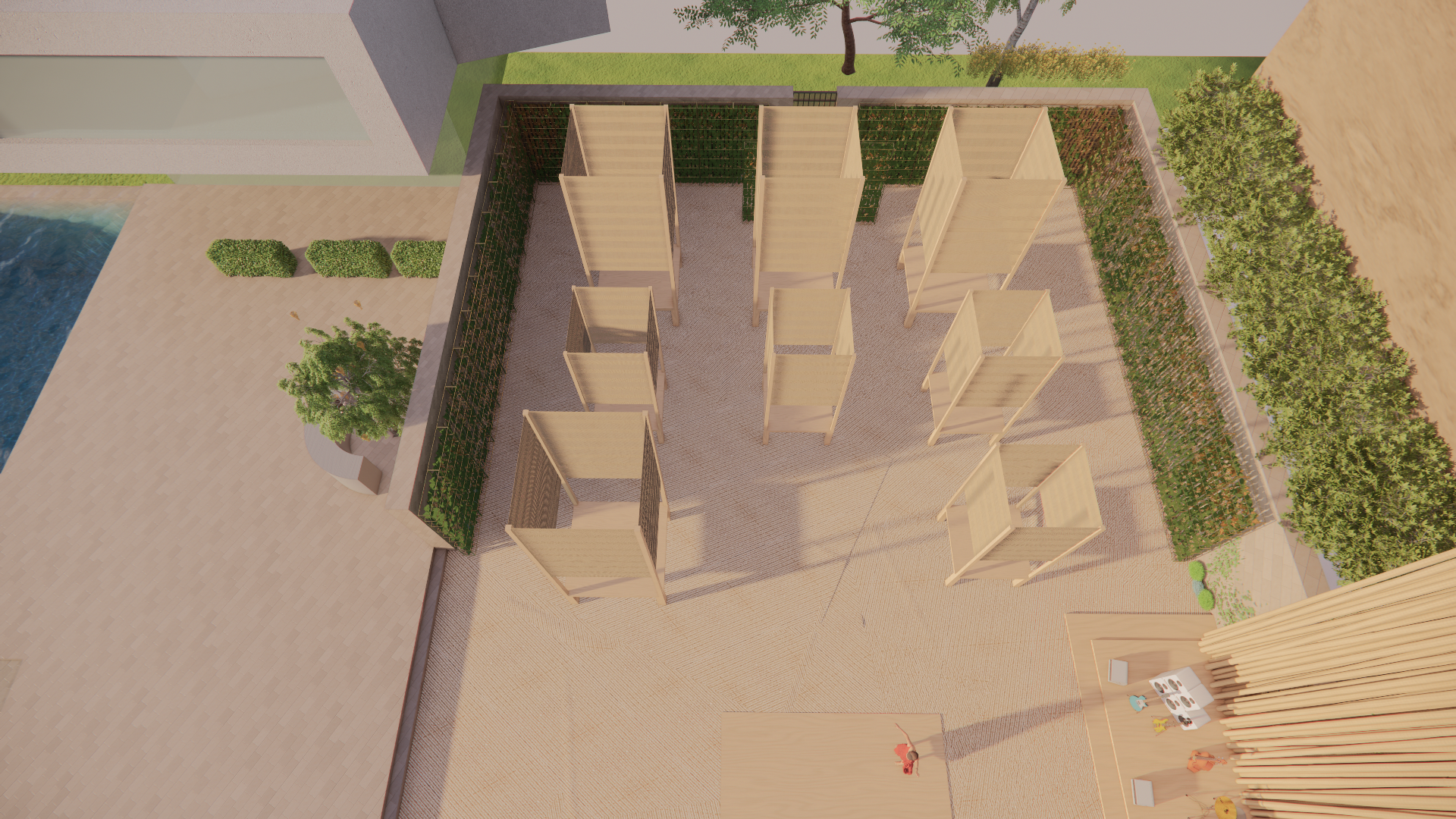 A 3D rendering of an outdoor space with a dedicated area for outdoor showers, featuring multiple wooden shower stalls enclosed by green fencing, surrounded by trees and shrubbery, with paved walkways and a swimming pool nearby.