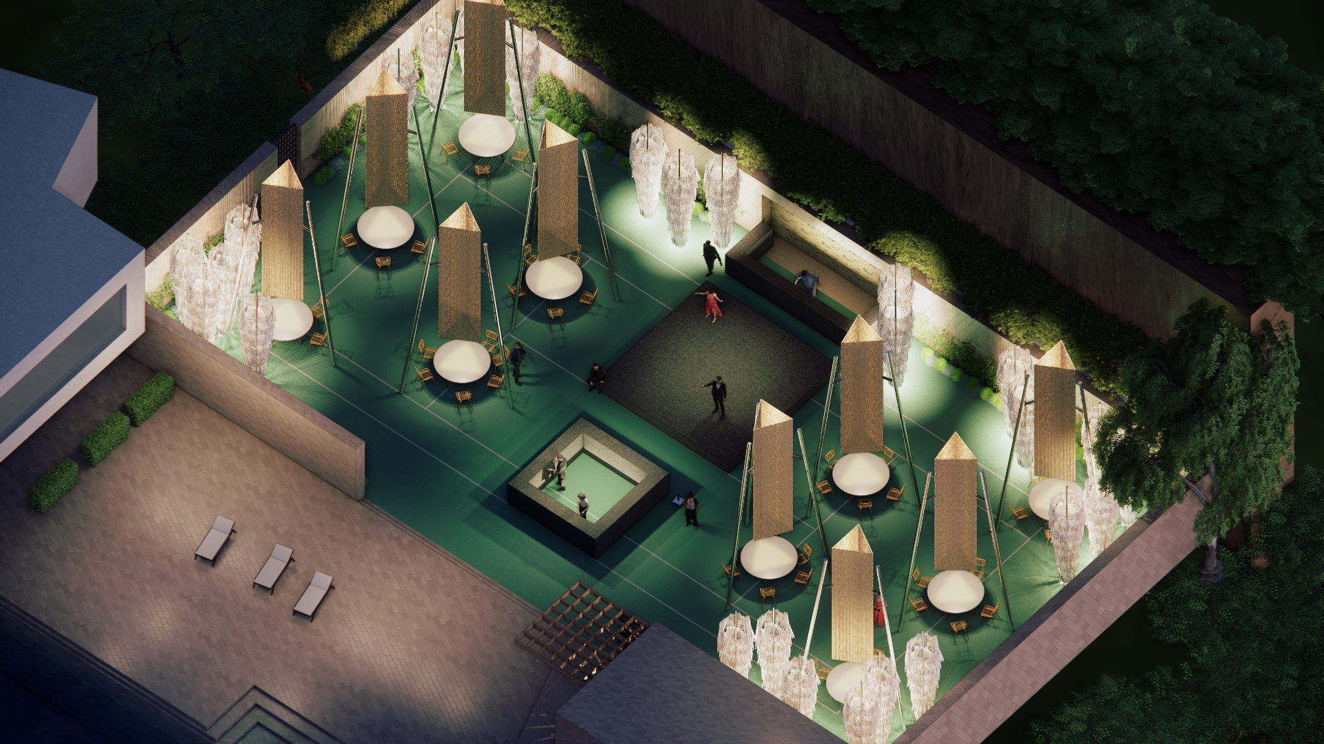 A rooftop garden with seating, shaded areas, and a small dance floor, surrounded by greenery and outdoor lounge spaces.