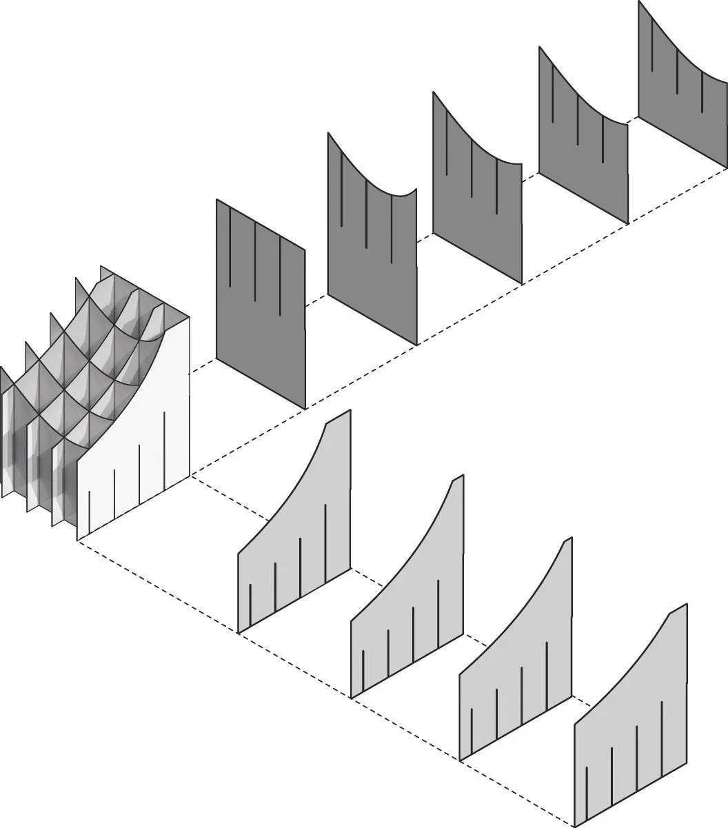 An isometric graph with multiple 3D bar charts in shades of gray, showing data trends with bars of varying height and depth.