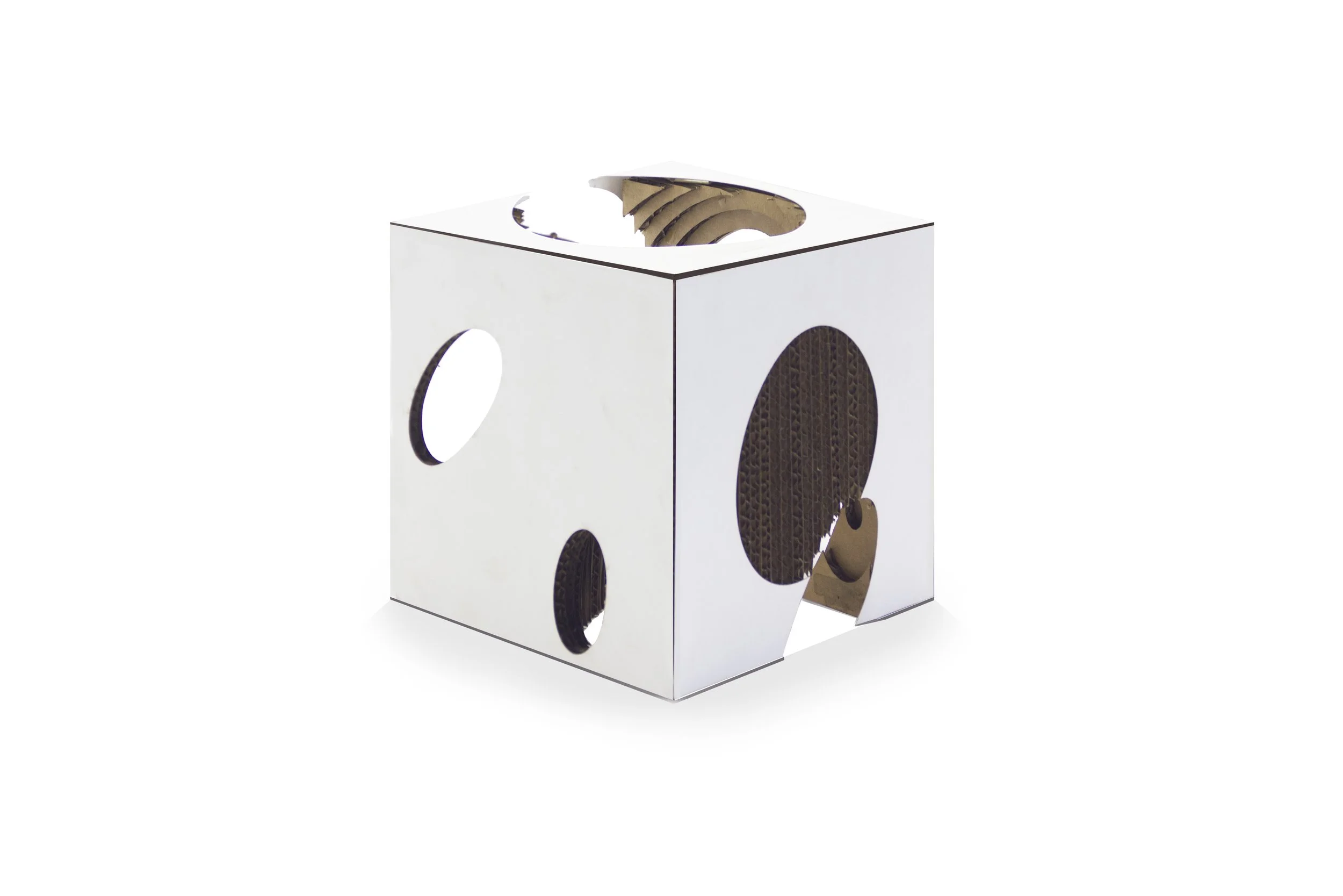 A white cardboard tissue box with circular cutouts on each side, showing brown cardboard inside, against a plain white background.
