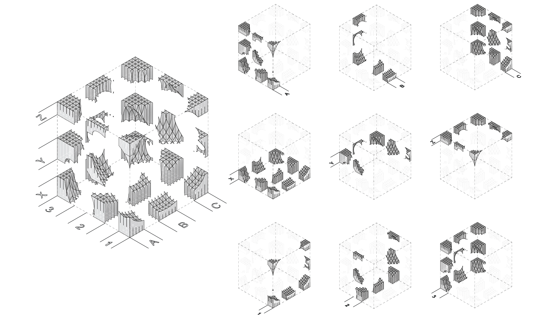 Isometric diagrams of complex geometric 3D structures with layered patterns, presented in a grid formation against a black background.