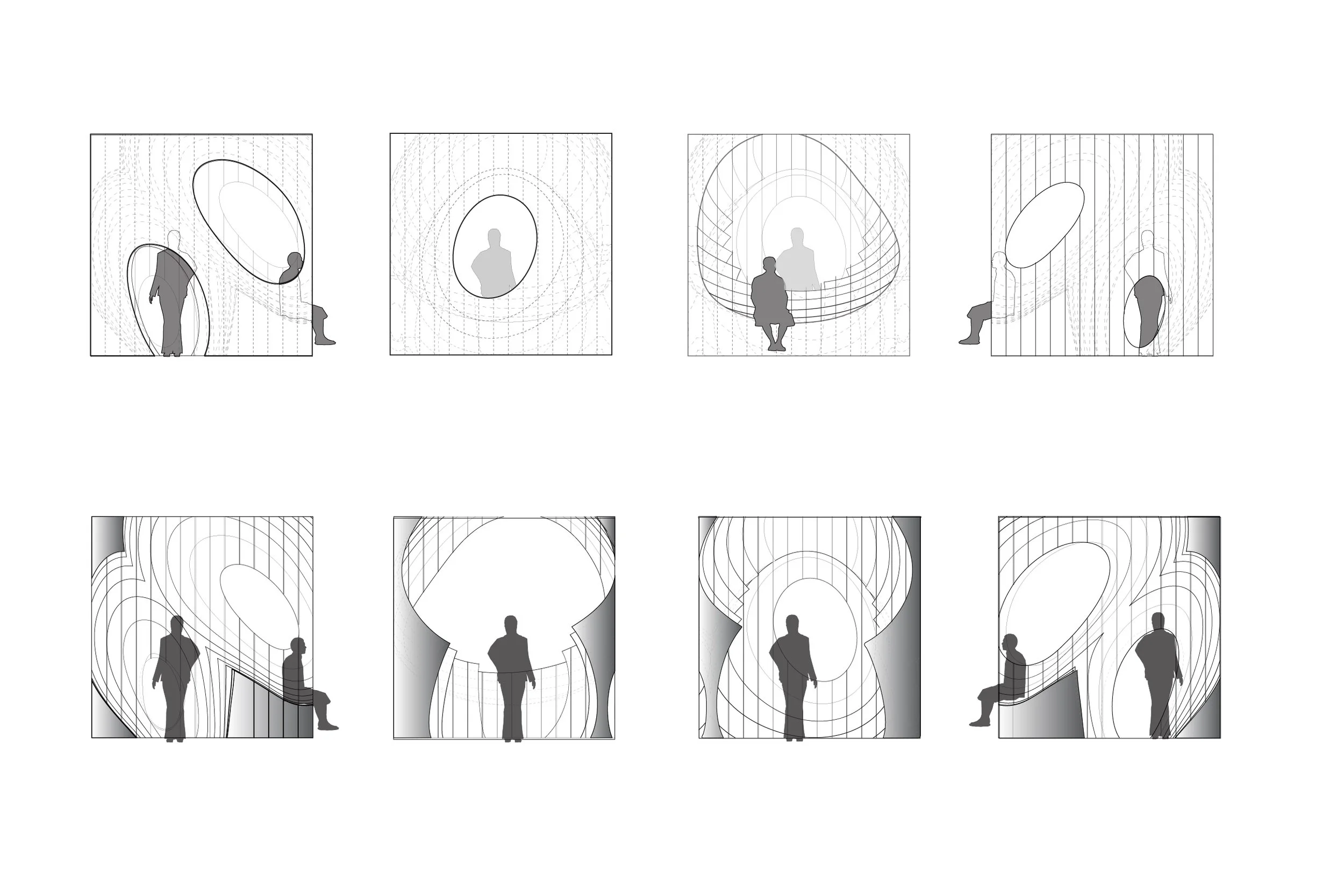 A series of architectural sketches showing human figures sitting and standing within various abstract, curved, and grid-like structures.