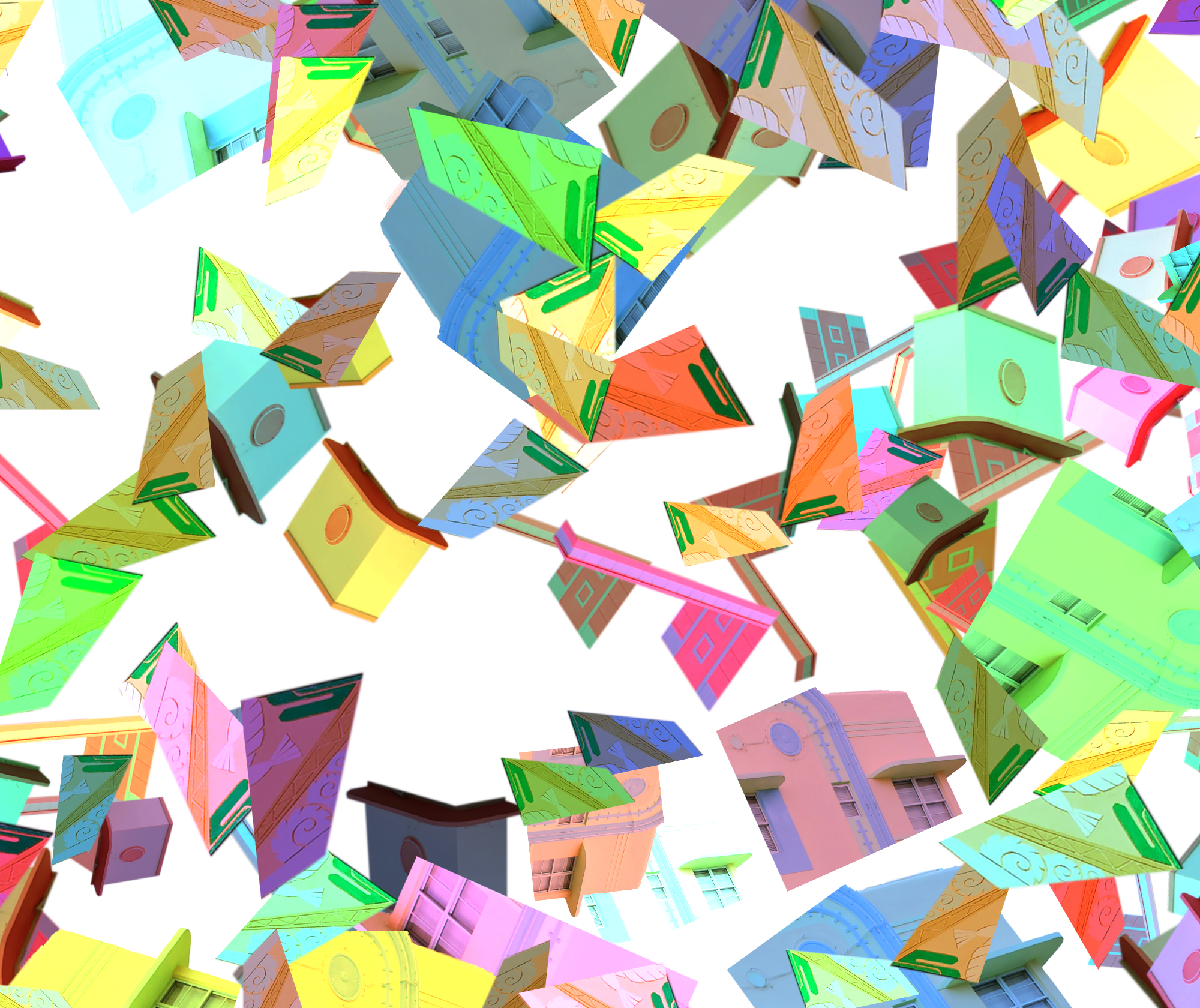 Colorful falling and scattered house or building models with various pastel colors and decorative patterns.