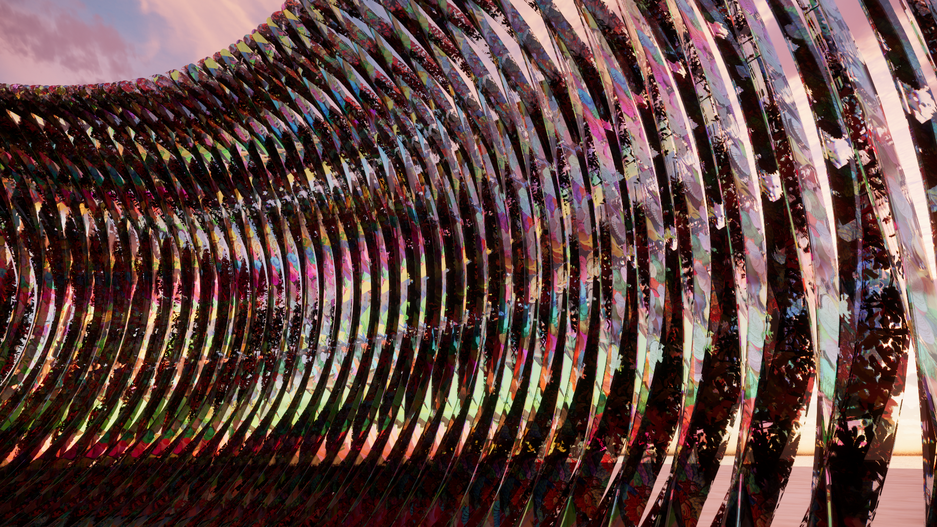 Close-up of a decorative sculpture made of multiple colorful, curved metal strips along with an apocalyptic sky in the background.