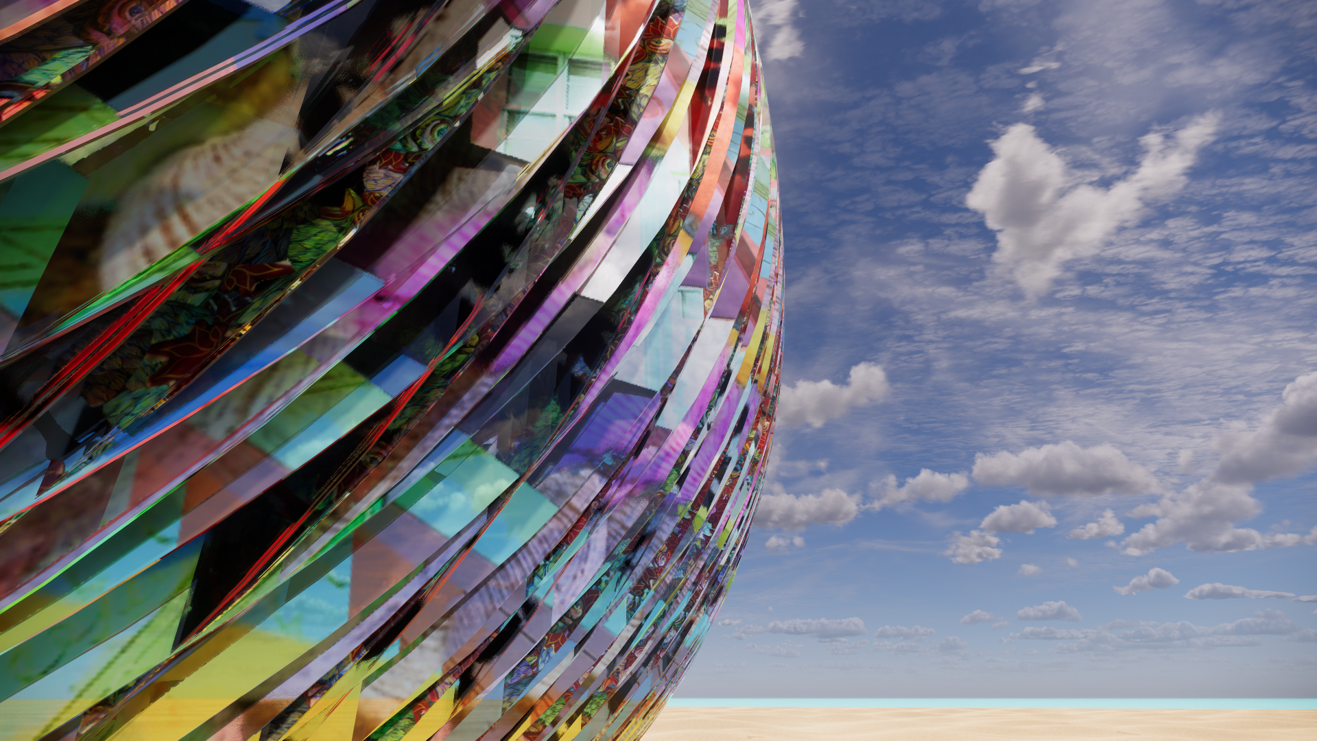 Close-up of a colorful, reflective sculpture with curved, overlapping metallic strips, set against a blue sky with scattered clouds.