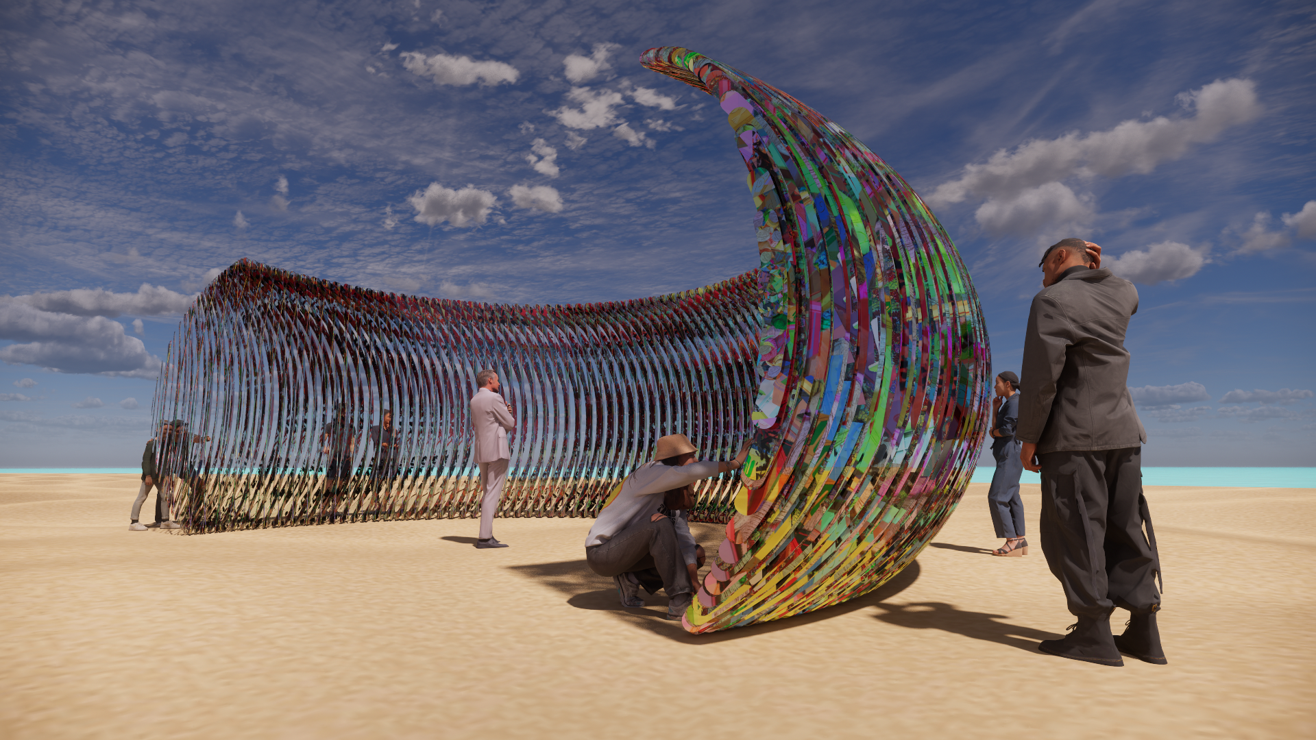 People observing a large, colorful, spiral-shaped sculpture on a sandy beach under a partly cloudy sky.