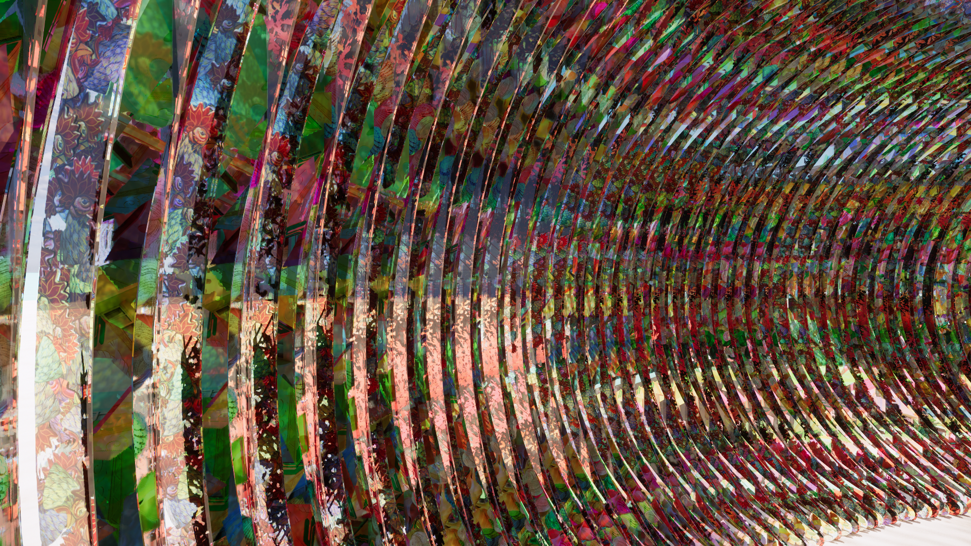 Colorful abstract digital artwork featuring numerous curved, parallel lines creating a tunnel-like effect with a vibrant mix of colors and intricate patterns.