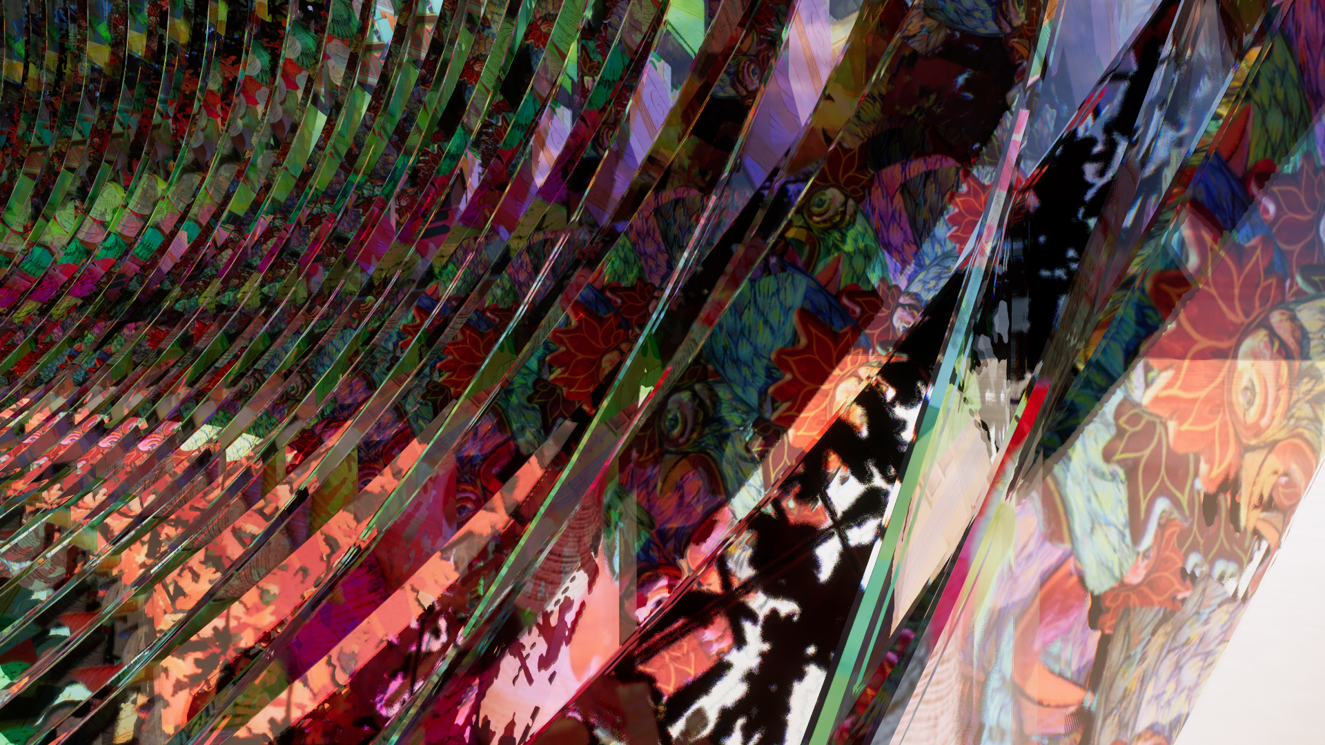 Colorful, abstract art with diagonal strips filled with intricate patterns and vibrant colors, including greens, reds, blues, and oranges.