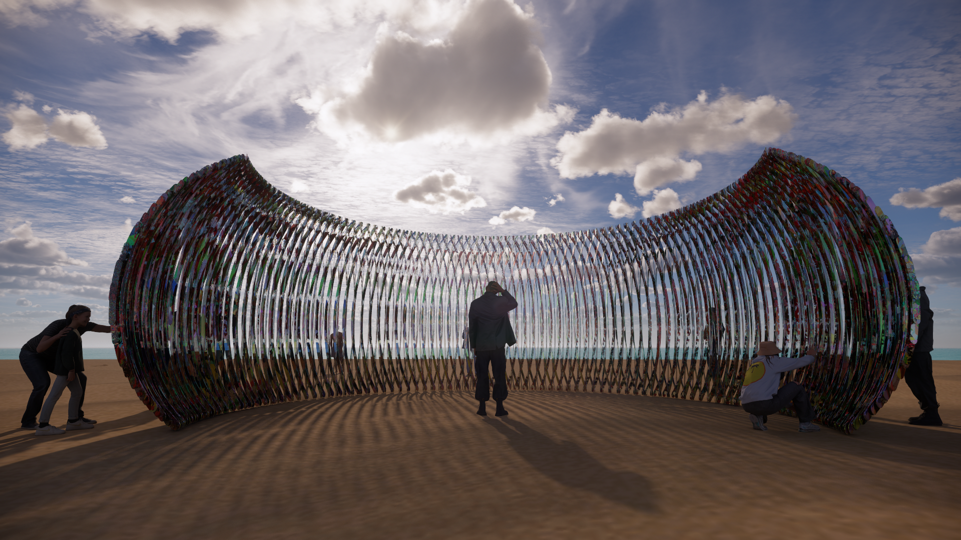 People assemble around a large, heart-shaped sculpture made of interconnected reflective metal, set against a beach and cloudy sky with the sun shining through