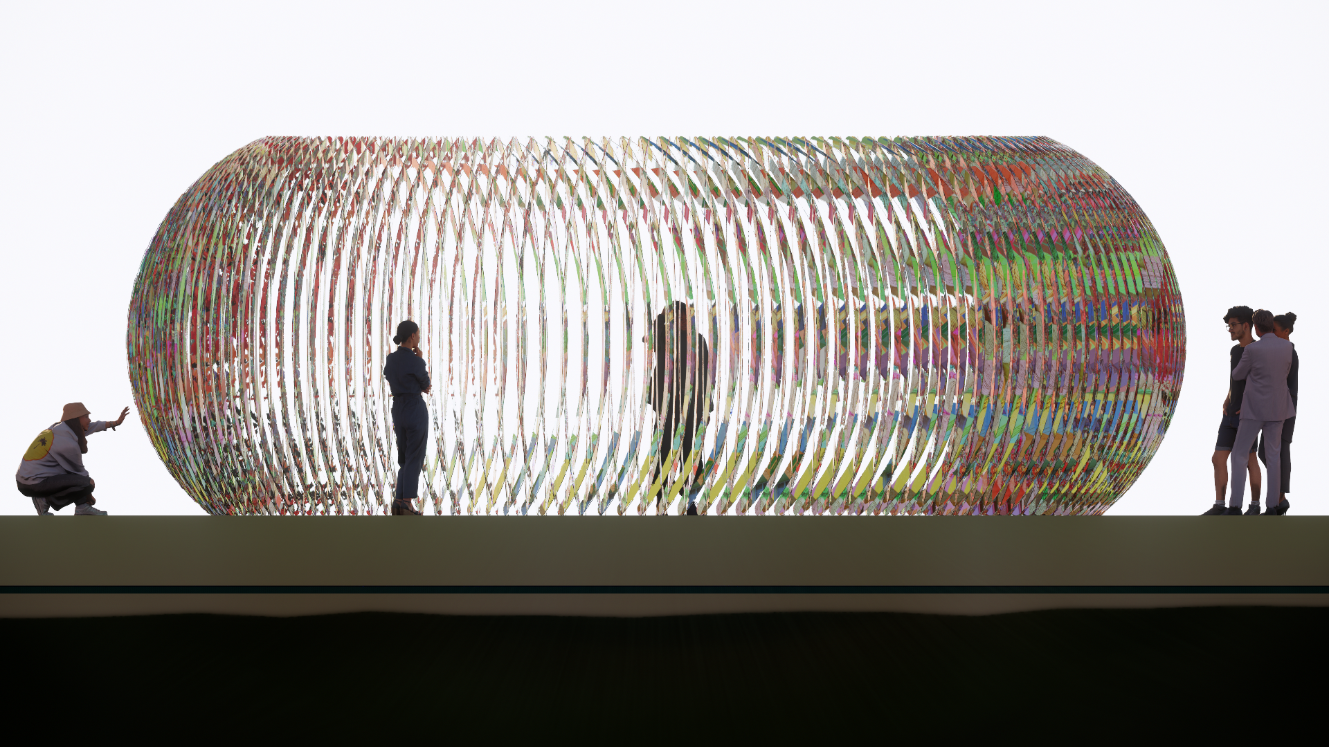People inspecting a large, colorful, and reflective art installation with a hollow, ribbed, oval shape.
