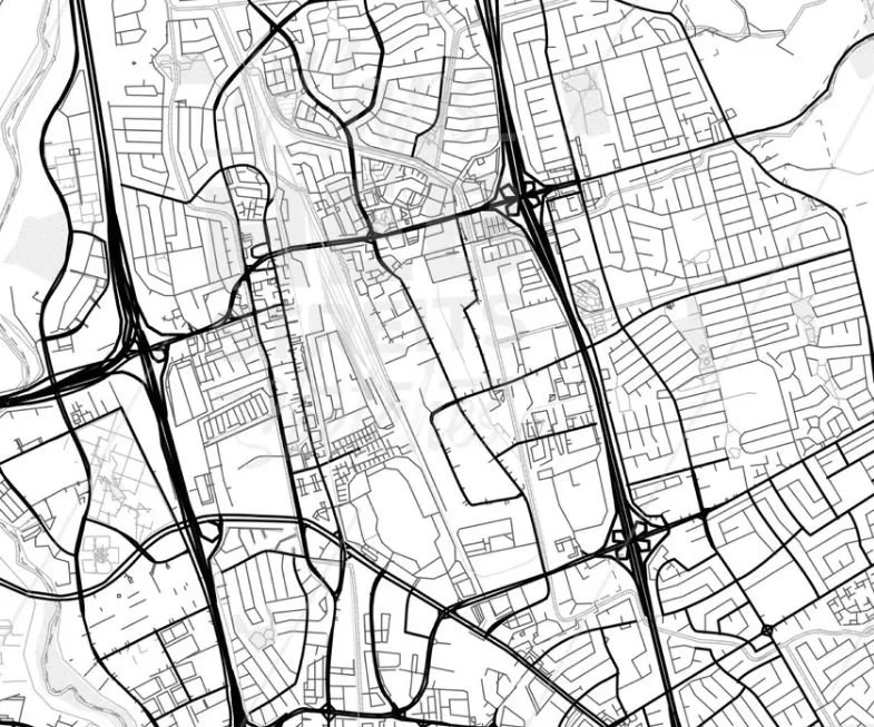 Black and white map of a city with streets, highways, and neighborhoods.