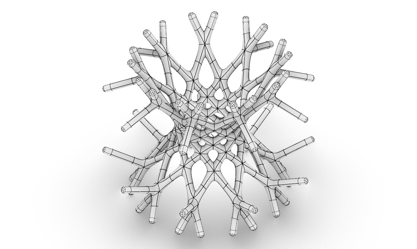 3D wireframe model of a detailed snowflake with multiple branches and intricate patterns.