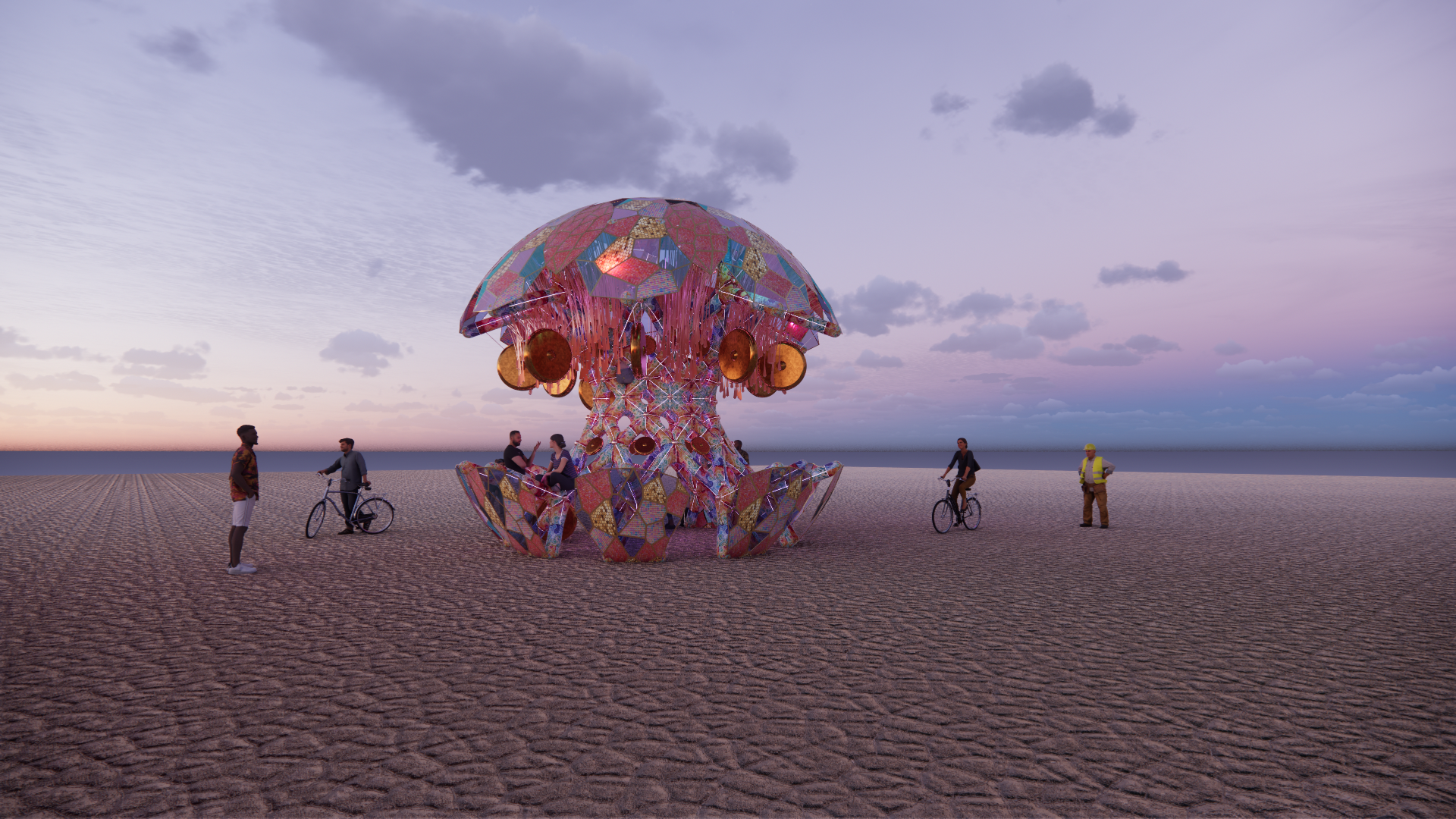 A large, colorful sculpture resembling a jellyfish with a bell-shaped top made of stained glass and hanging golden bells, situated on a wide, open, desert-like terrain at sunset with a small group of people and cyclists nearby.