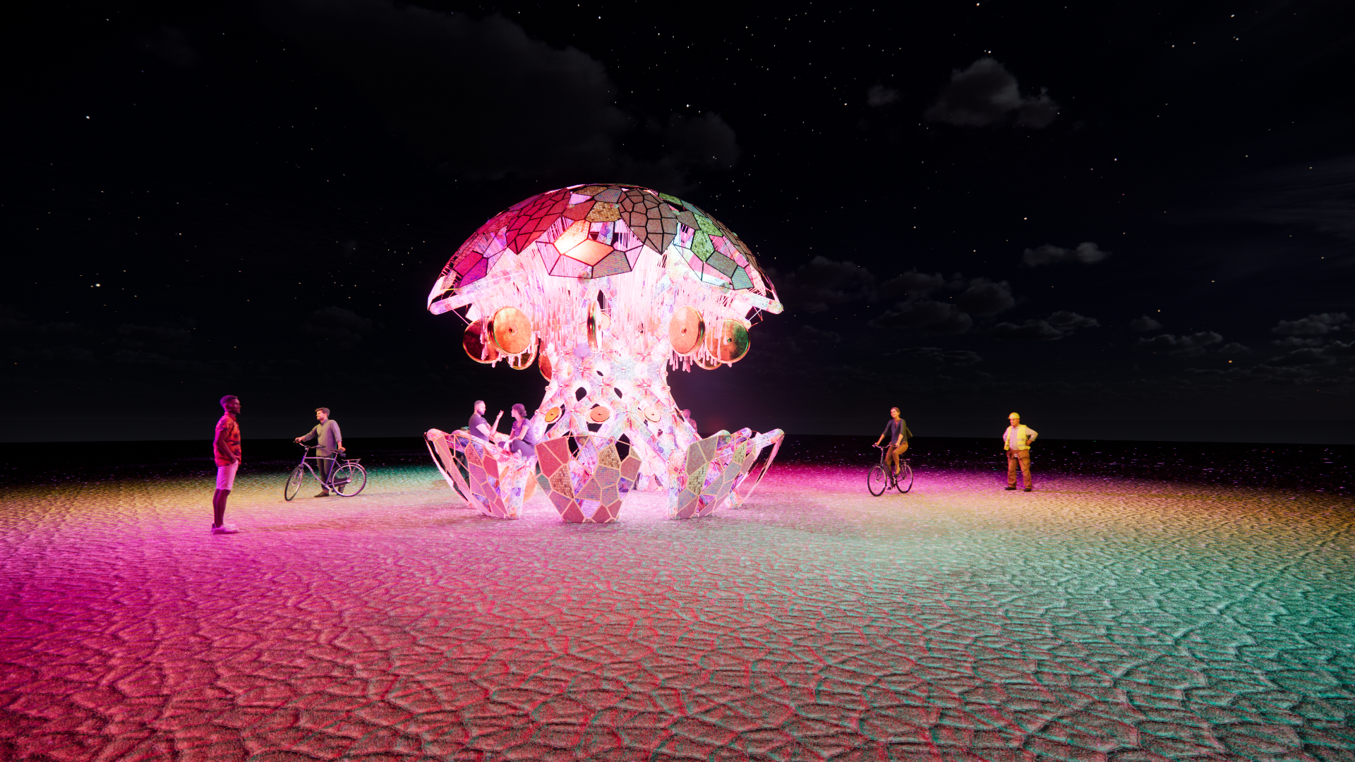 Nighttime scene at a desert with a colorful, mushroom-shaped art installation resembling a mushroom cloud, surrounded by people, some on bicycles and others standing, under a starry sky.