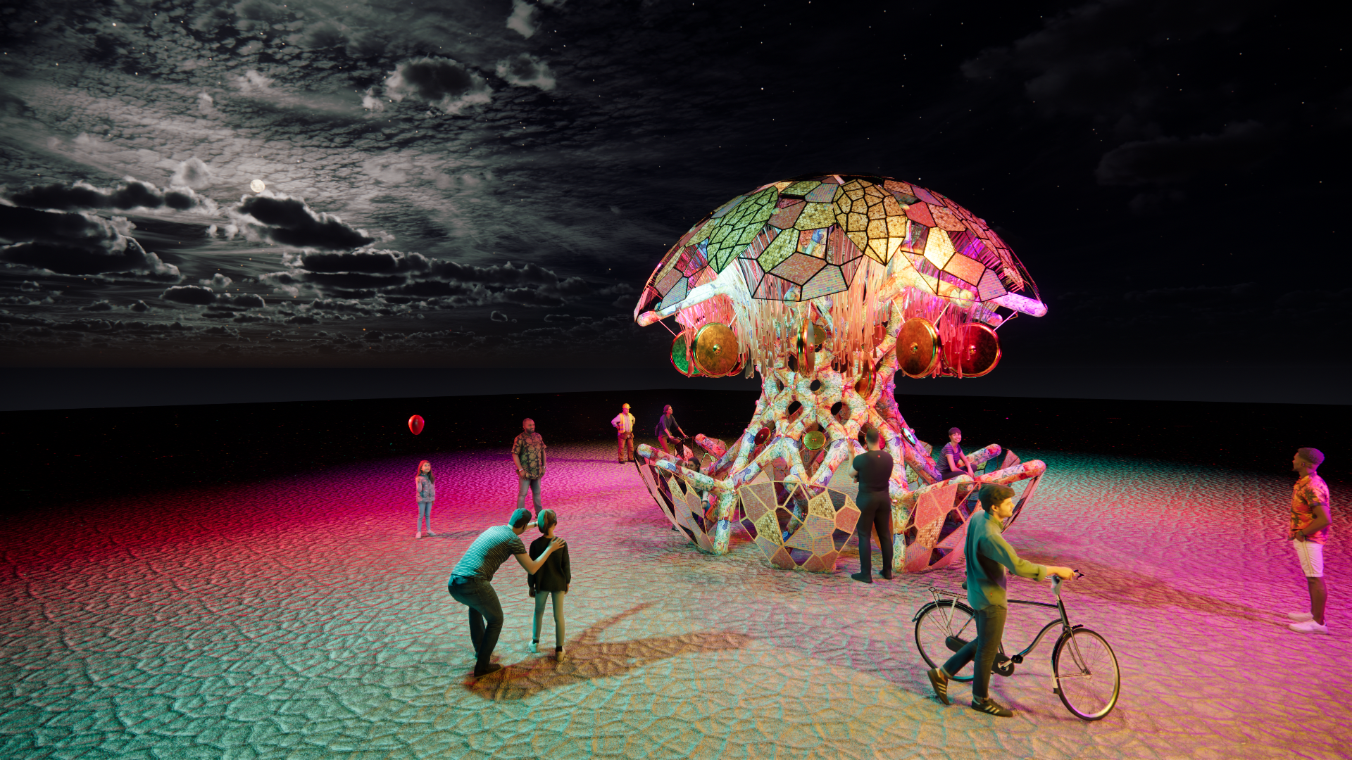 A nighttime scene on a barren, cracked desert with a large, colorful mushroom-shaped sculpture resembling a mushroom made out of stained glass and various objects. Several people are gathered around, some taking photos and others sitting or standing.