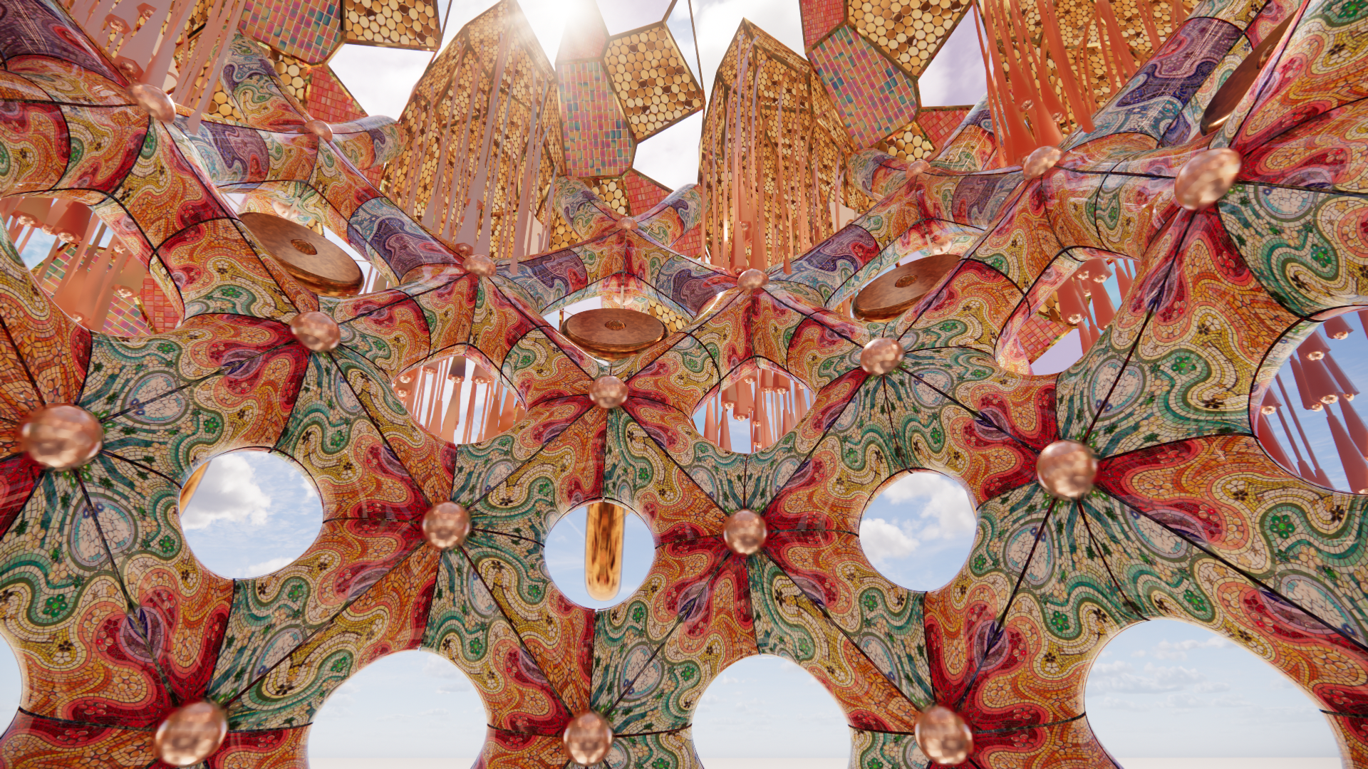 Colorful, intricate outdoor sculpture made of interconnected geometric shapes with circular openings, reflection of the sky, and a patterned surface, set against a bright sky with clouds.