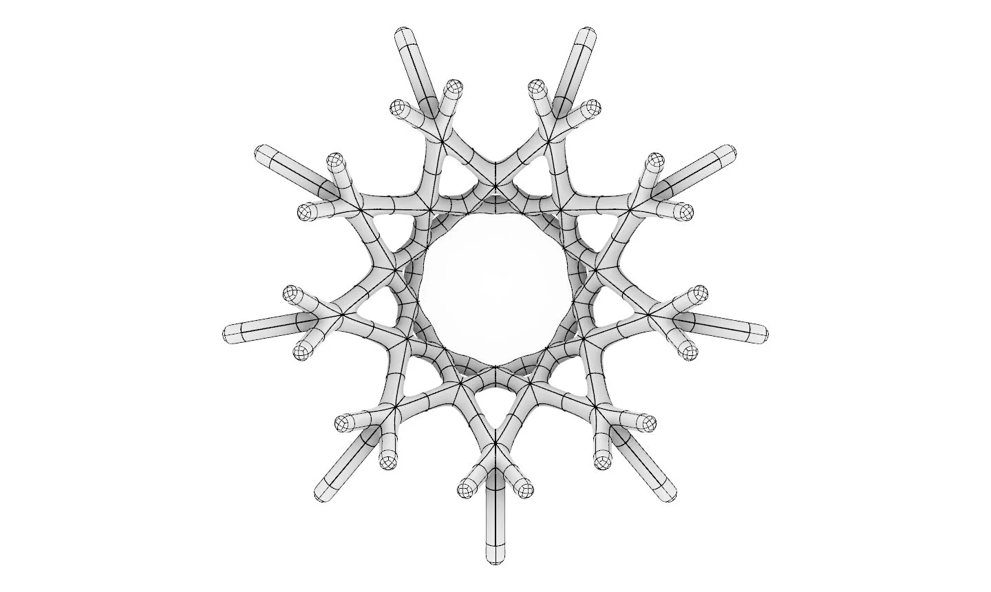A computer-generated wireframe model of a snowflake, symmetrical with multiple branches radiating from a central circle.