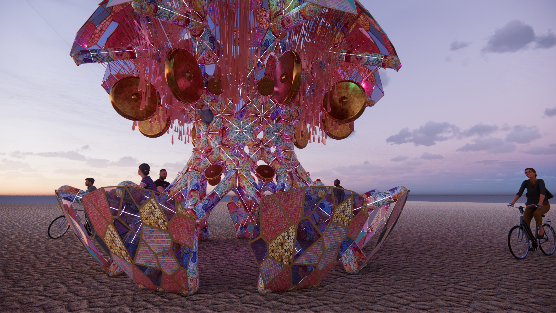 Colorful, mosaic-style sculpture of a large giraffe on a sandy surface near the ocean during sunset, with people and cyclists nearby.