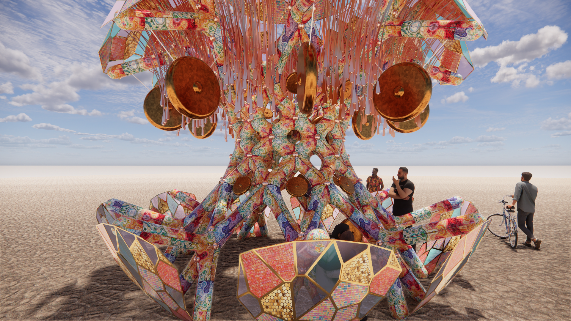 A large, colorful, geometric sculpture with hanging copper discs, set against a blue sky with scattered clouds, in a flat, desert-like area. Several people, including a man on a bicycle and a man with a beard talking, are nearby.