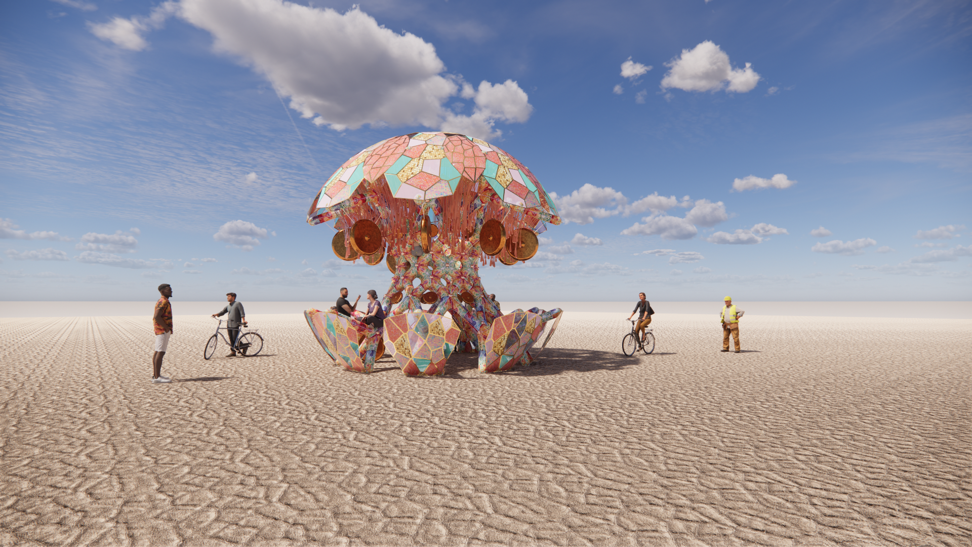 A colorful mushroom-shaped art installation with mosaic patterns on its cap and base, located in a desert with cracked earth. Several people are gathered around, some sitting on the installation, others walking or riding bikes nearby. The sky is part